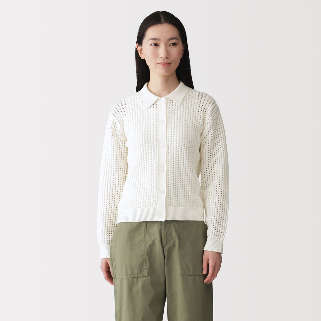 Cotton Blend Mesh Polo Cardigan