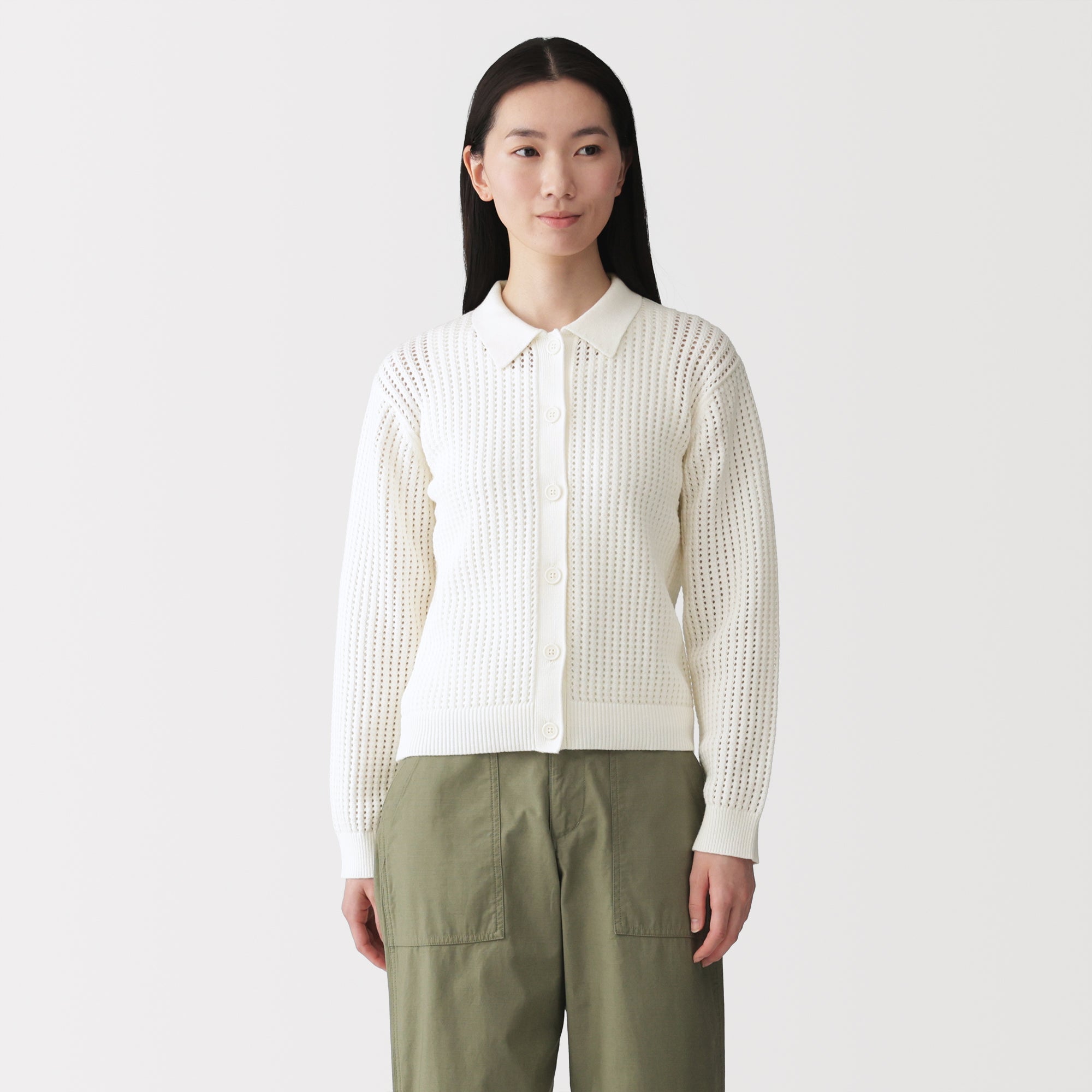 Cotton Blend Mesh Polo Cardigan
