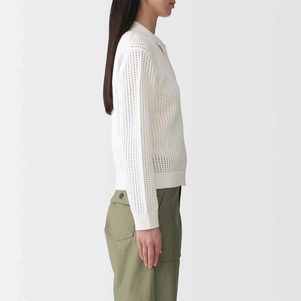 Cotton Blend Mesh Polo Cardigan