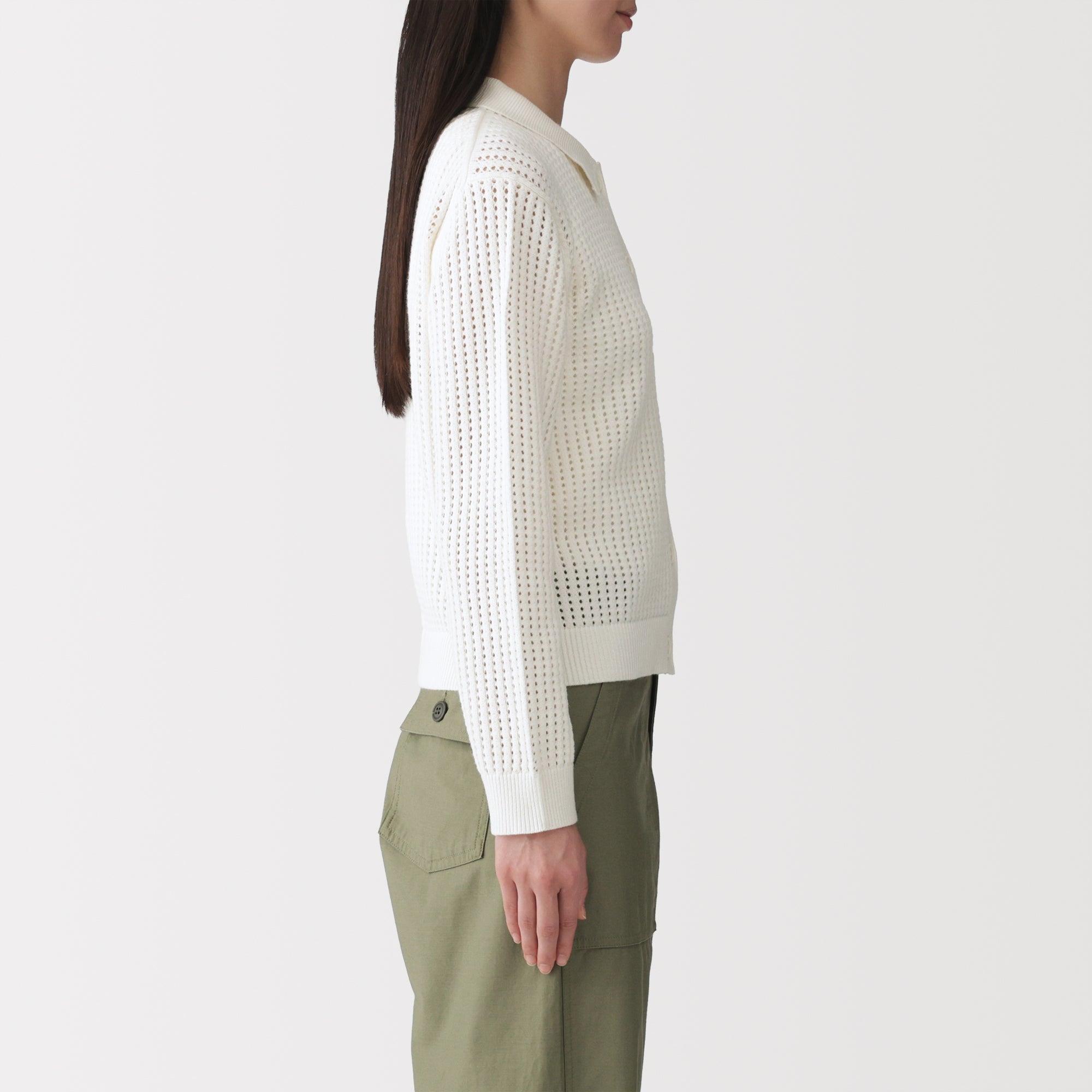 Cotton Blend Mesh Polo Cardigan