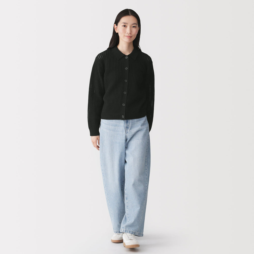 Cotton Blend Mesh Polo Cardigan