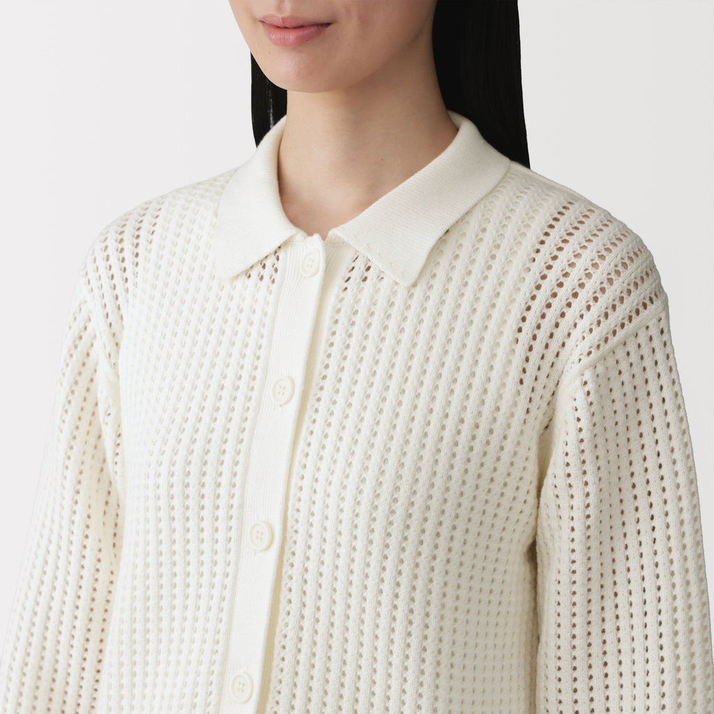 Cotton Blend Mesh Polo Cardigan