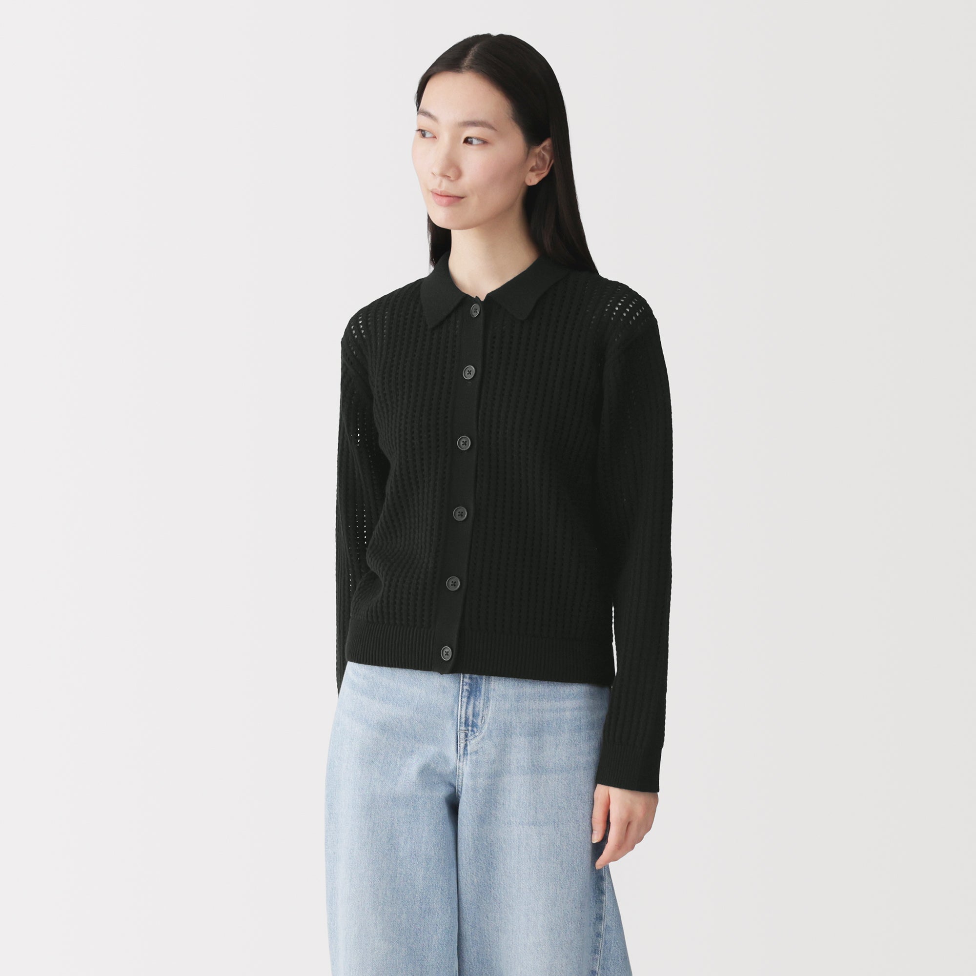 Cotton Blend Mesh Polo Cardigan