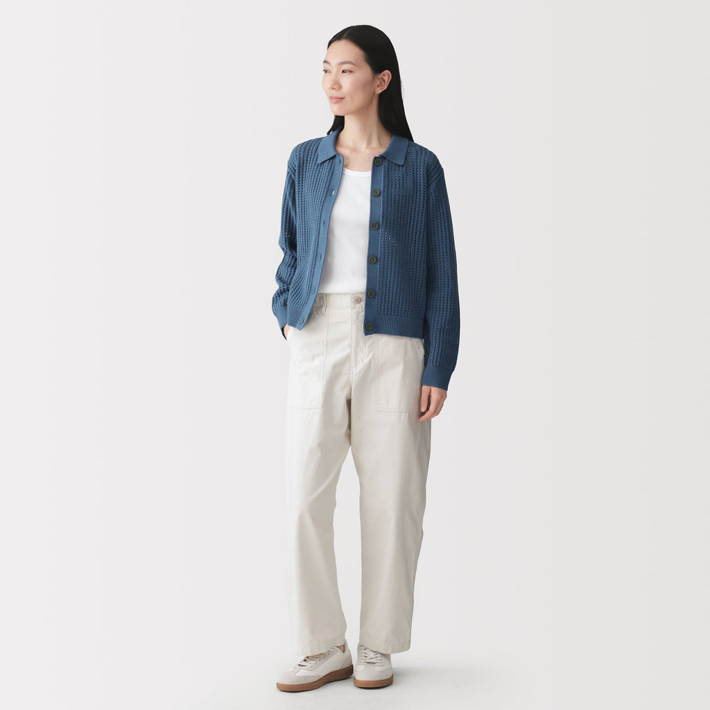 Cotton Blend Mesh Polo Cardigan
