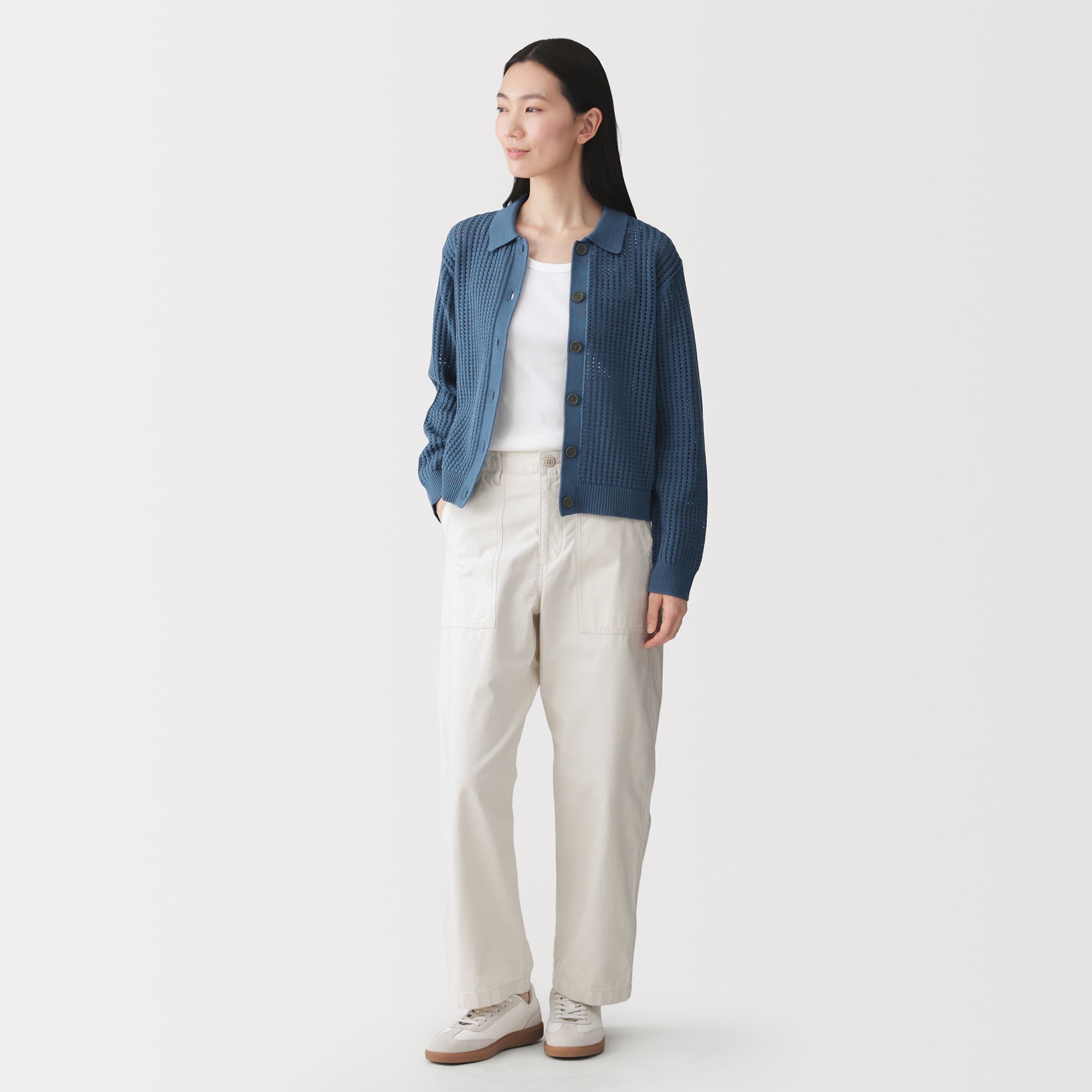 Cotton Blend Mesh Polo Cardigan