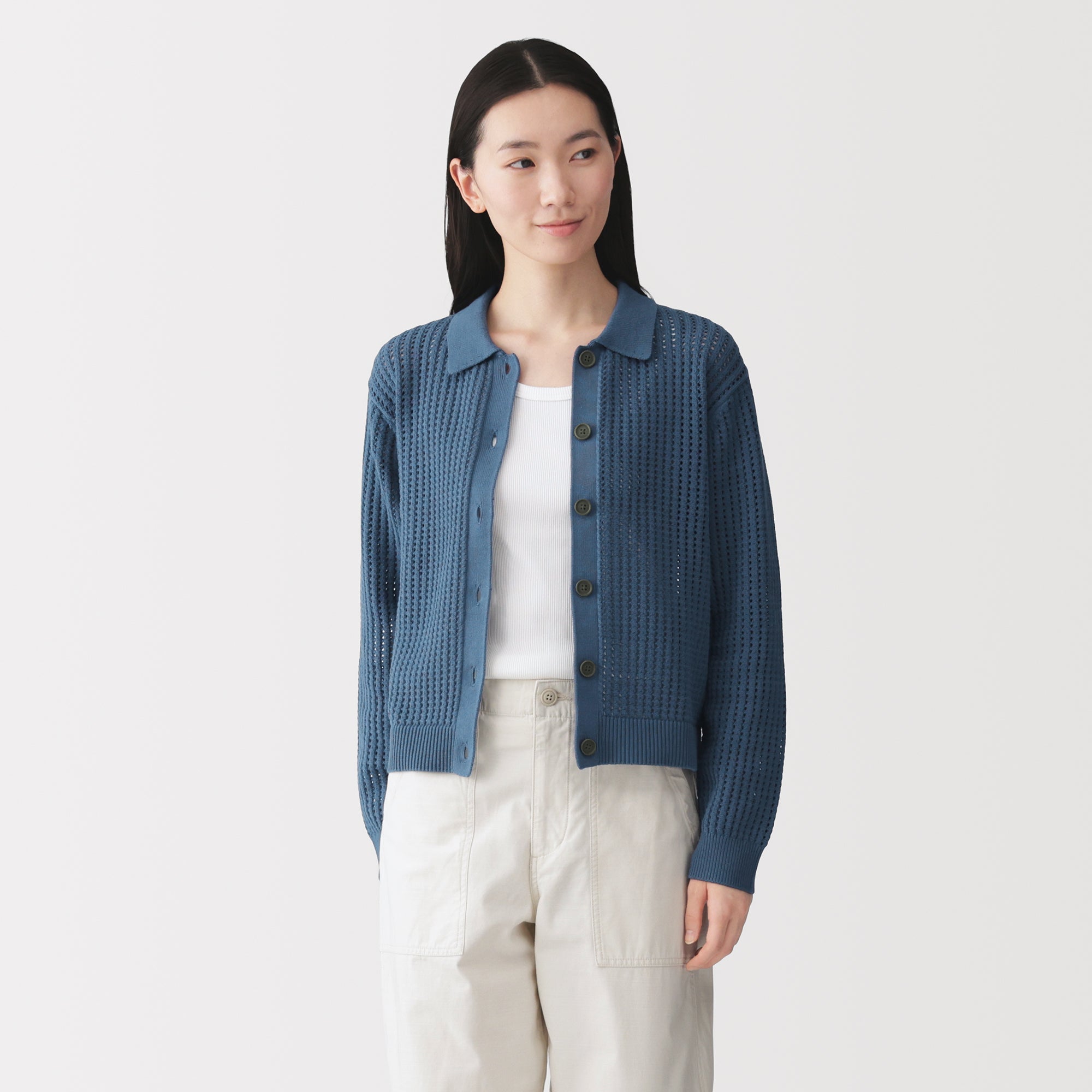 Cotton Blend Mesh Polo Cardigan