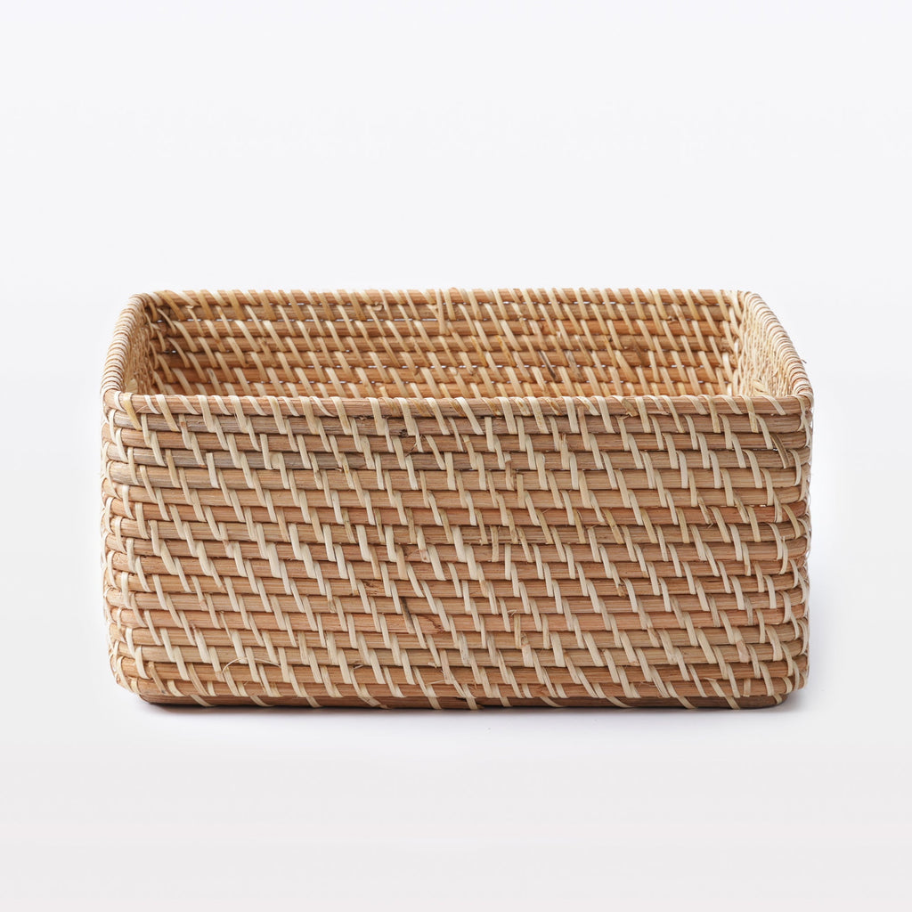 Rattan Stackable Square Basket With Handle - Medium W13.8 x D14.2 x H6.3