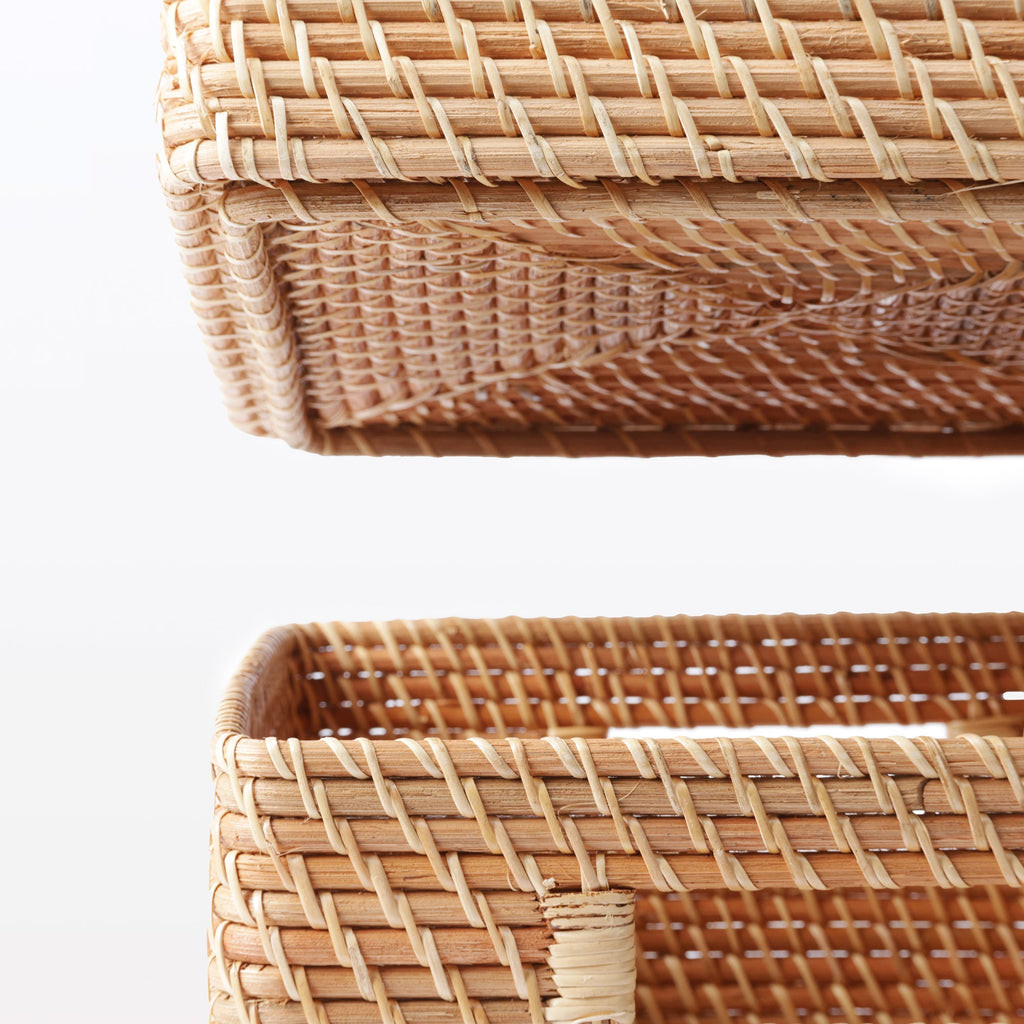 Rattan Stackable Square Basket With Handle - Medium W13.8 x D14.2 x H6.3