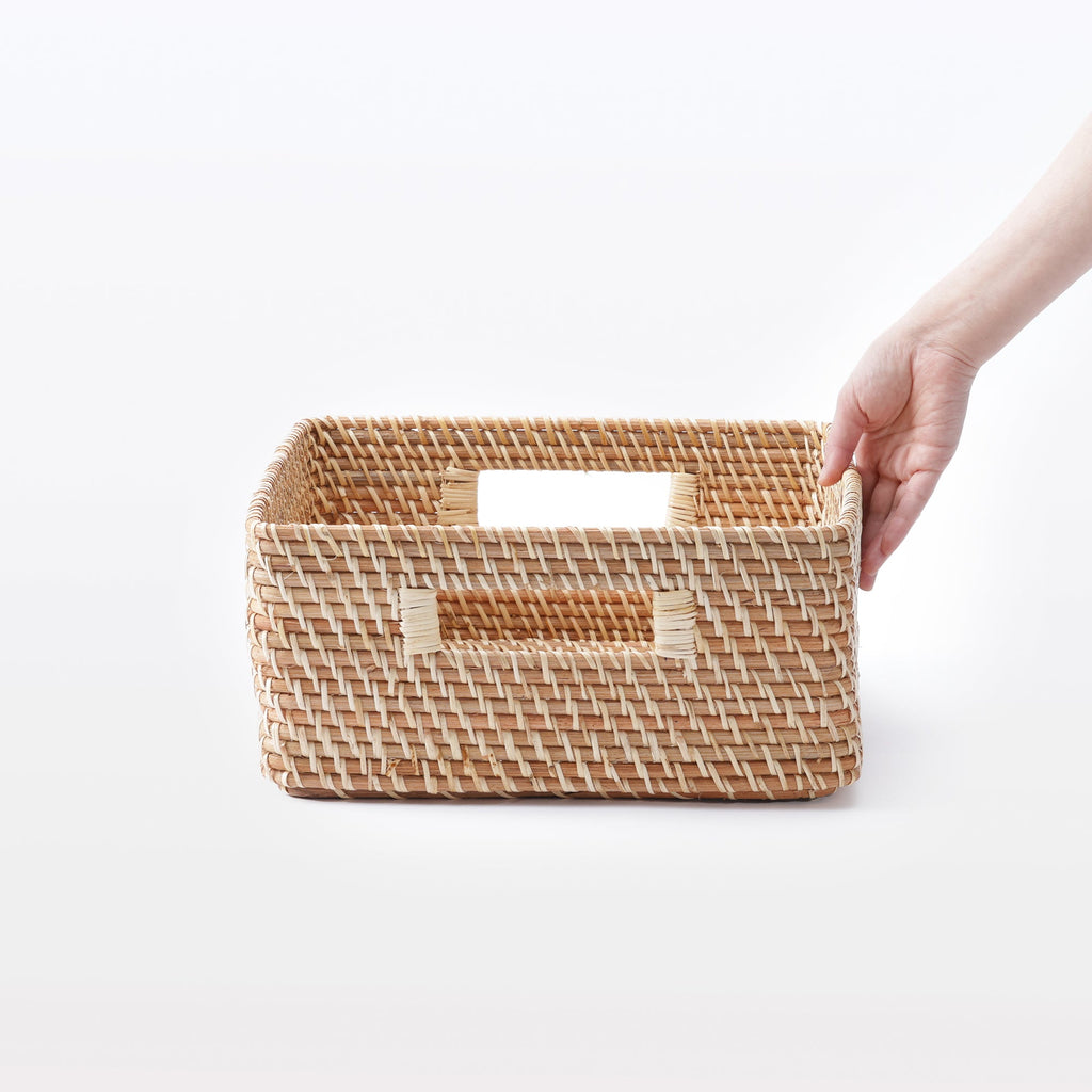 Rattan Stackable Square Basket With Handle - Medium W13.8 x D14.2 x H6.3