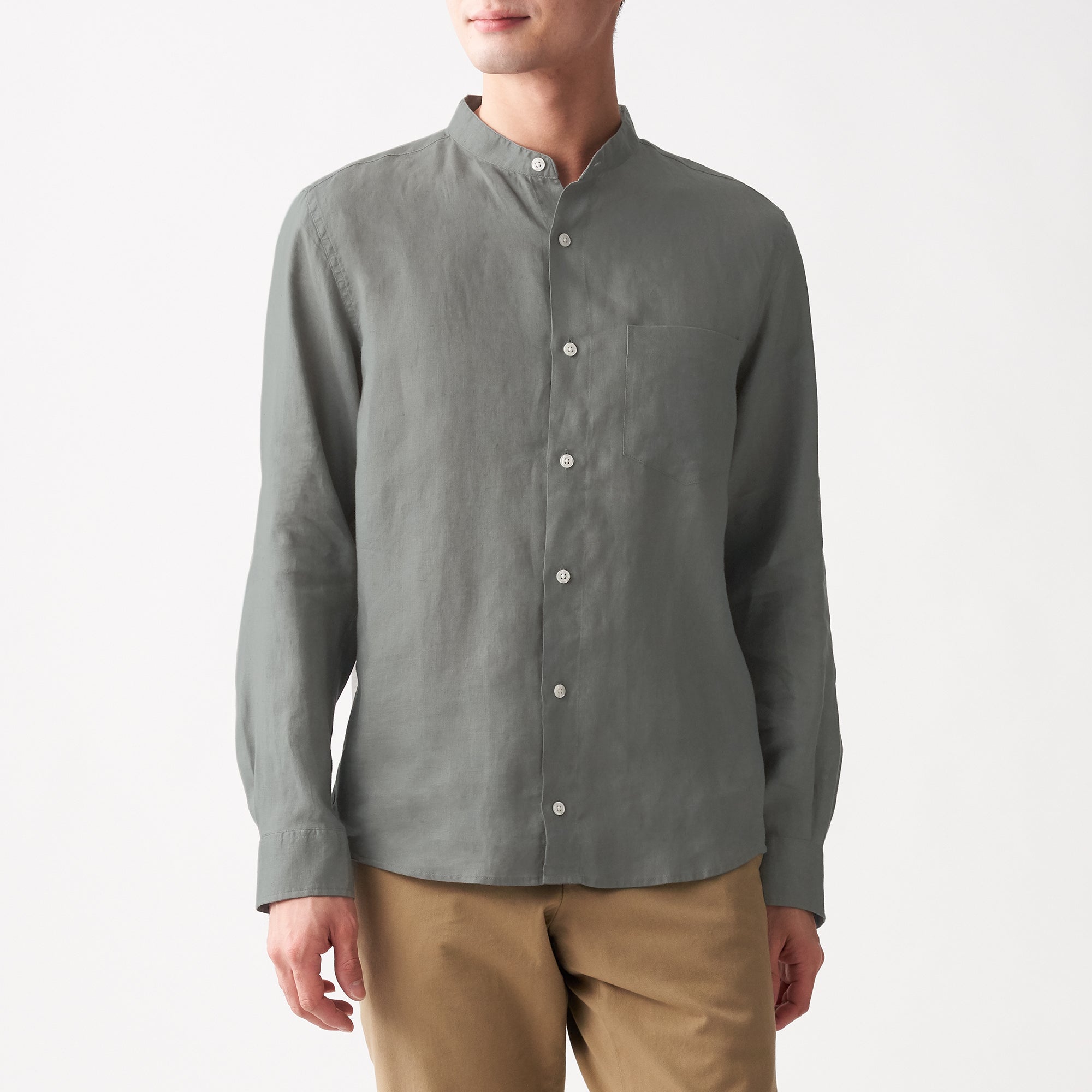 Men's French Linen Washed Stand Collar Shirt
