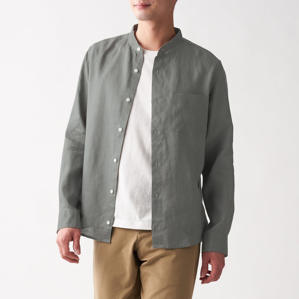 Men's French Linen Washed Stand Collar Shirt