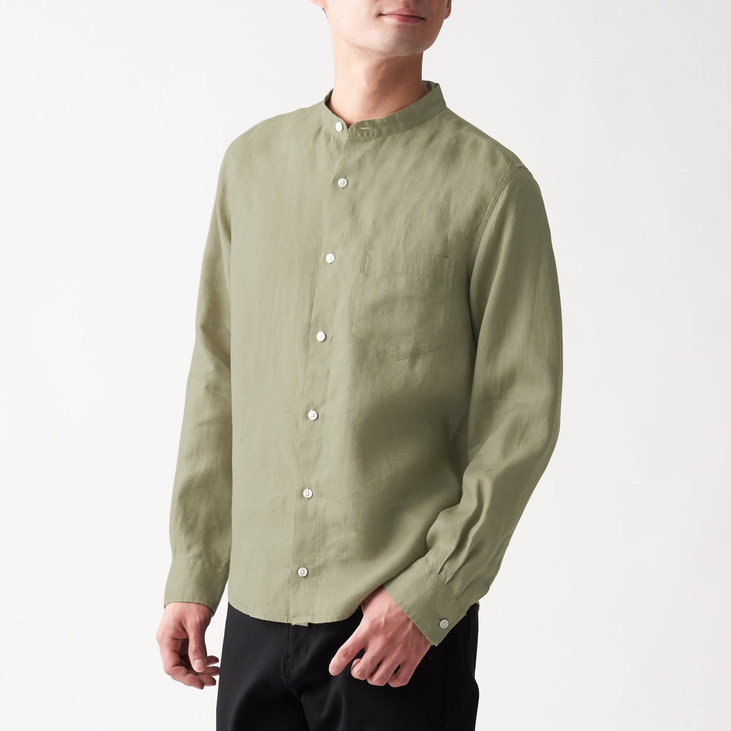 Men's French Linen Washed Stand Collar Shirt
