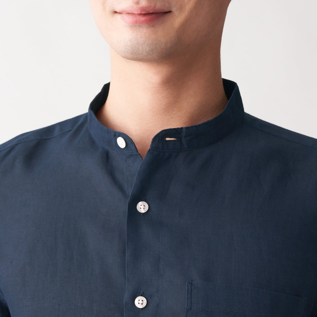 Men's French Linen Washed Stand Collar Shirt