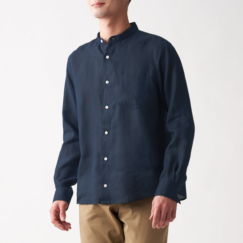 Men's French Linen Washed Stand Collar Shirt