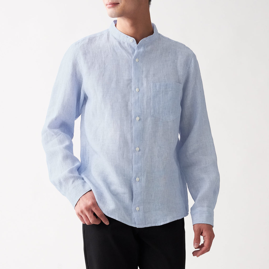 Men's French Linen Washed Stand Collar Shirt