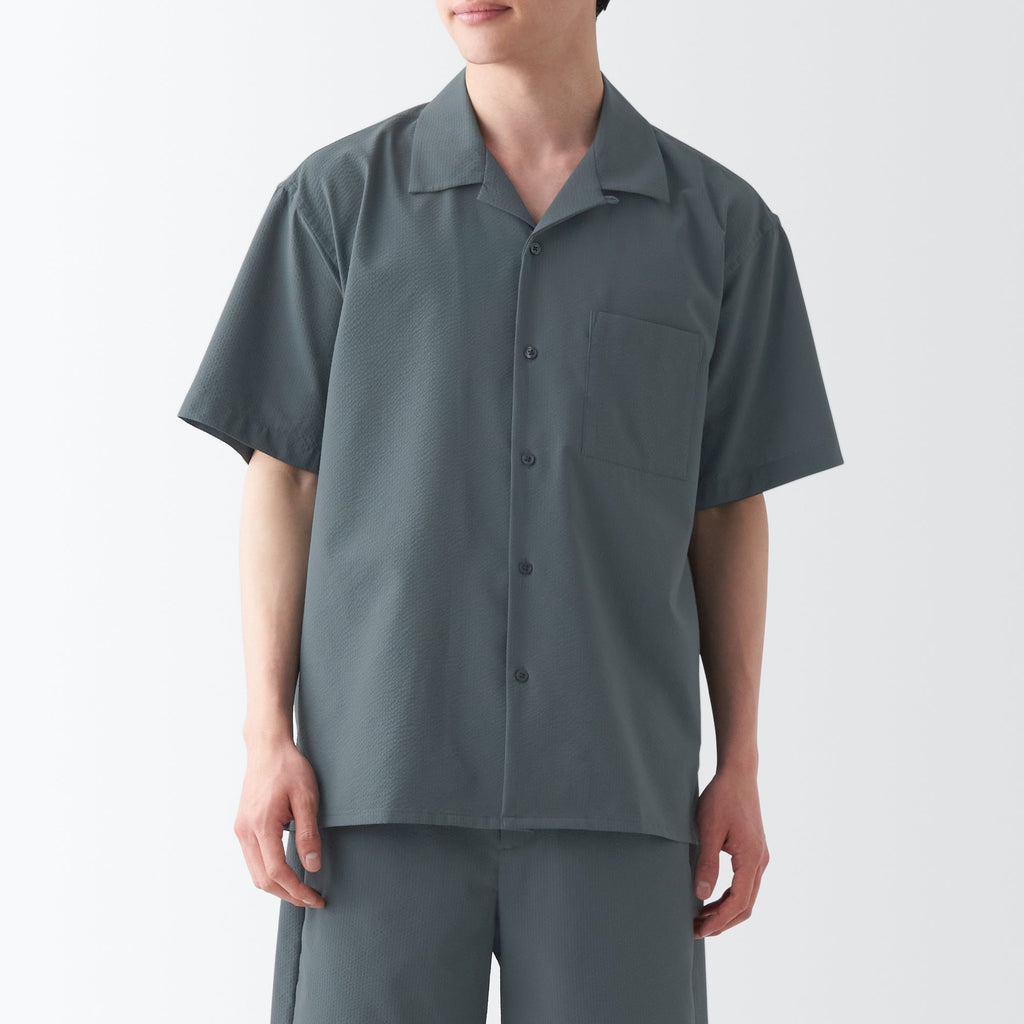 Men's Seersucker Open Collar Short Sleeve Shirt