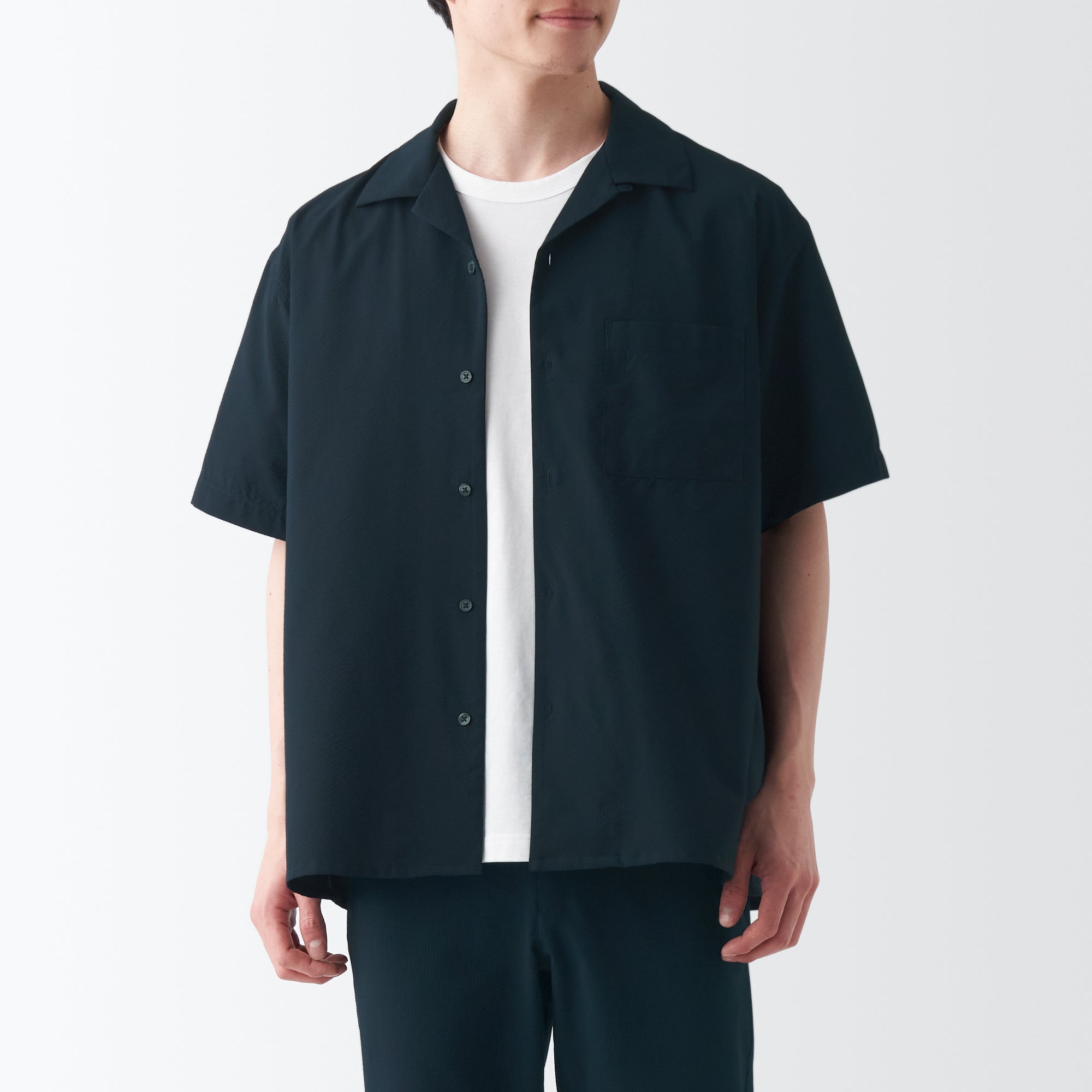 Men's Seersucker Open Collar Short Sleeve Shirt