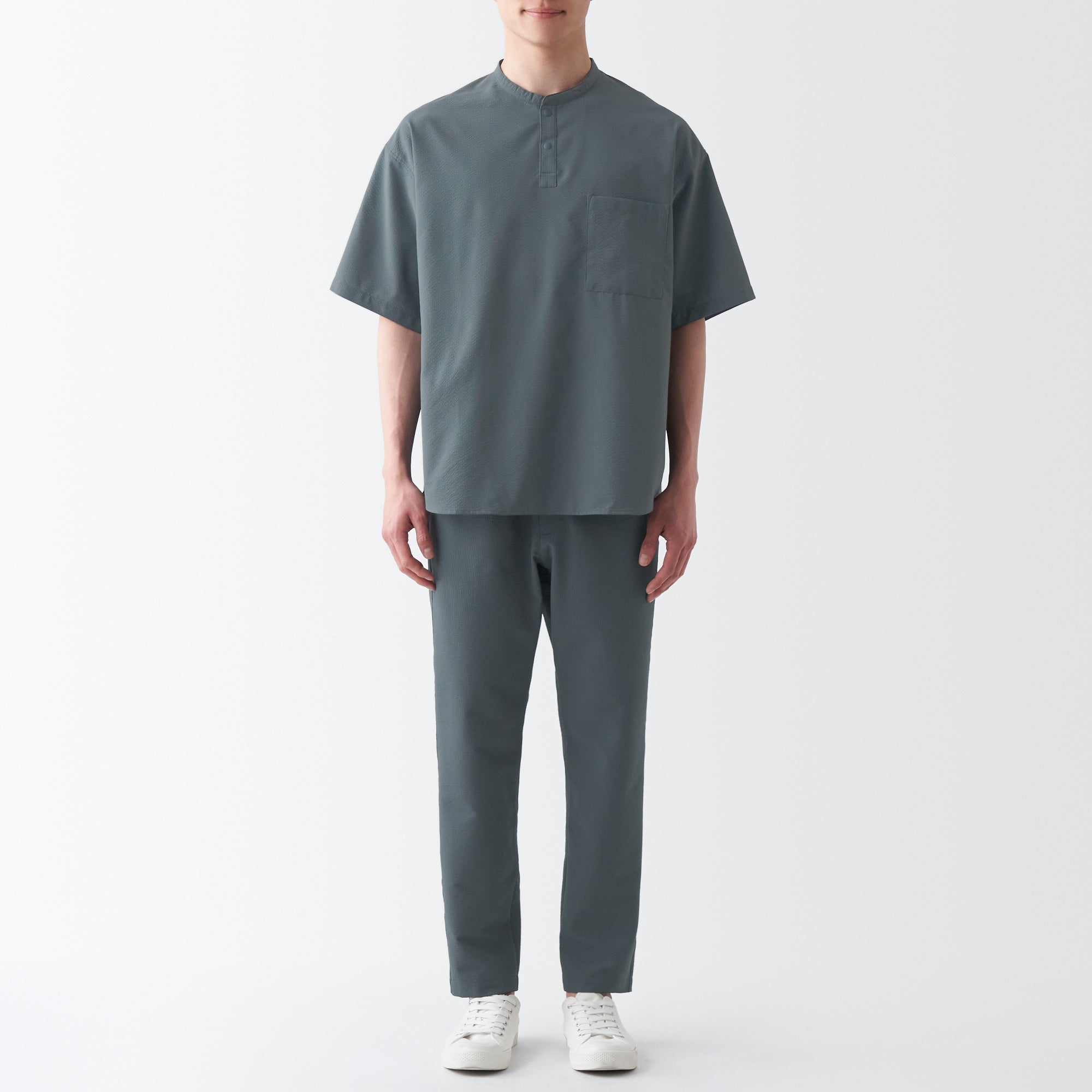 Men's Seersucker Henry Neck Woven T-Shirt