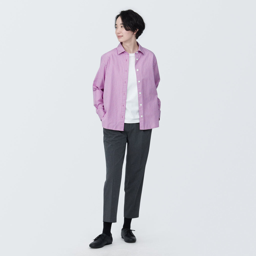 Women's Washed Broad Regular Collar Long Sleeve Striped Shirt