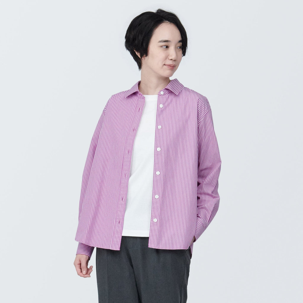 Women's Washed Broad Regular Collar Long Sleeve Striped Shirt