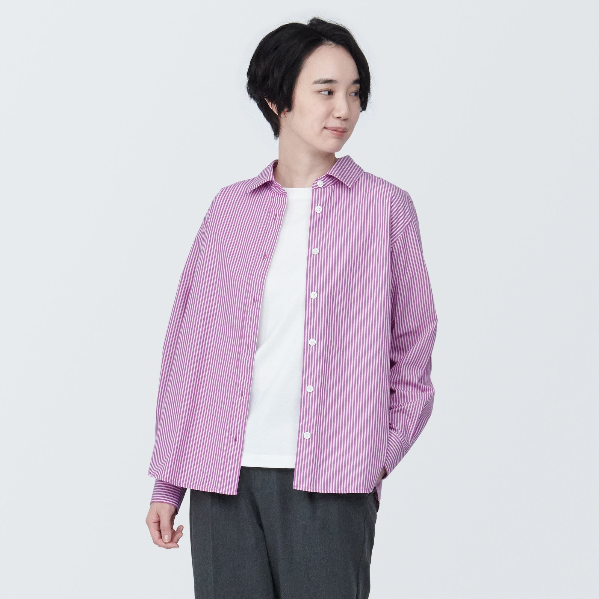 Women's Washed Broad Regular Collar Long Sleeve Striped Shirt