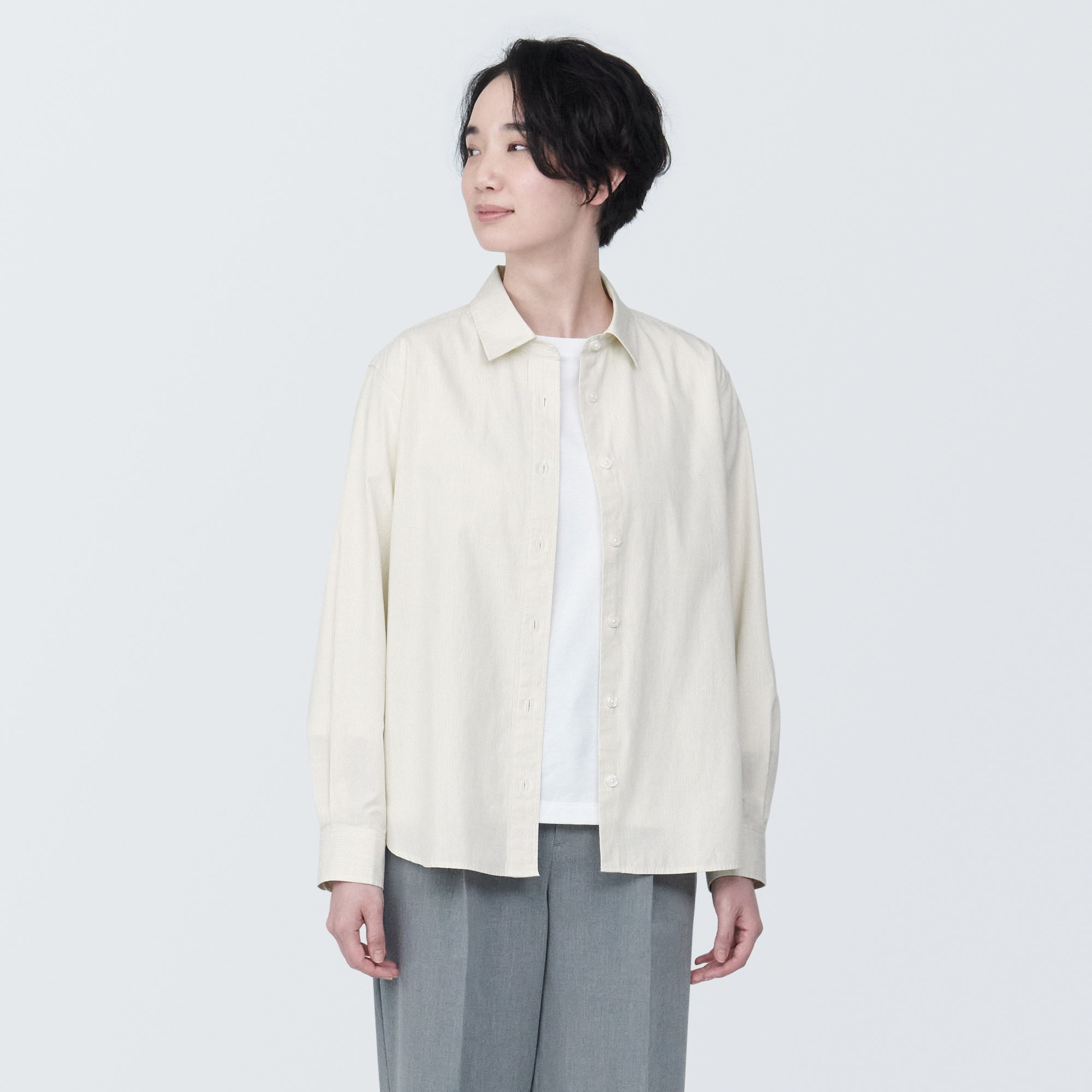 Women's Washed Broad Regular Collar Long Sleeve Striped Shirt