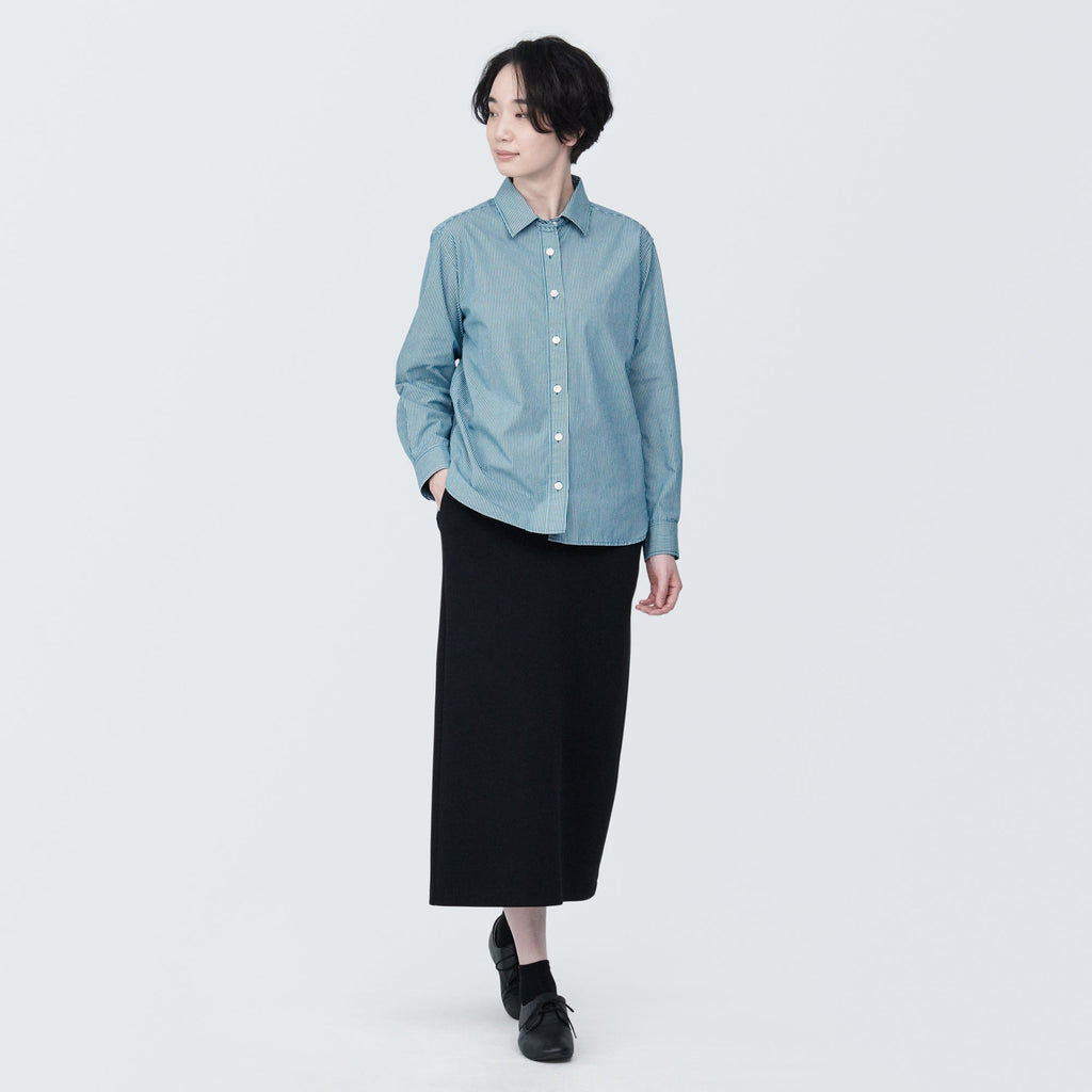 Women's Washed Broad Regular Collar Long Sleeve Striped Shirt