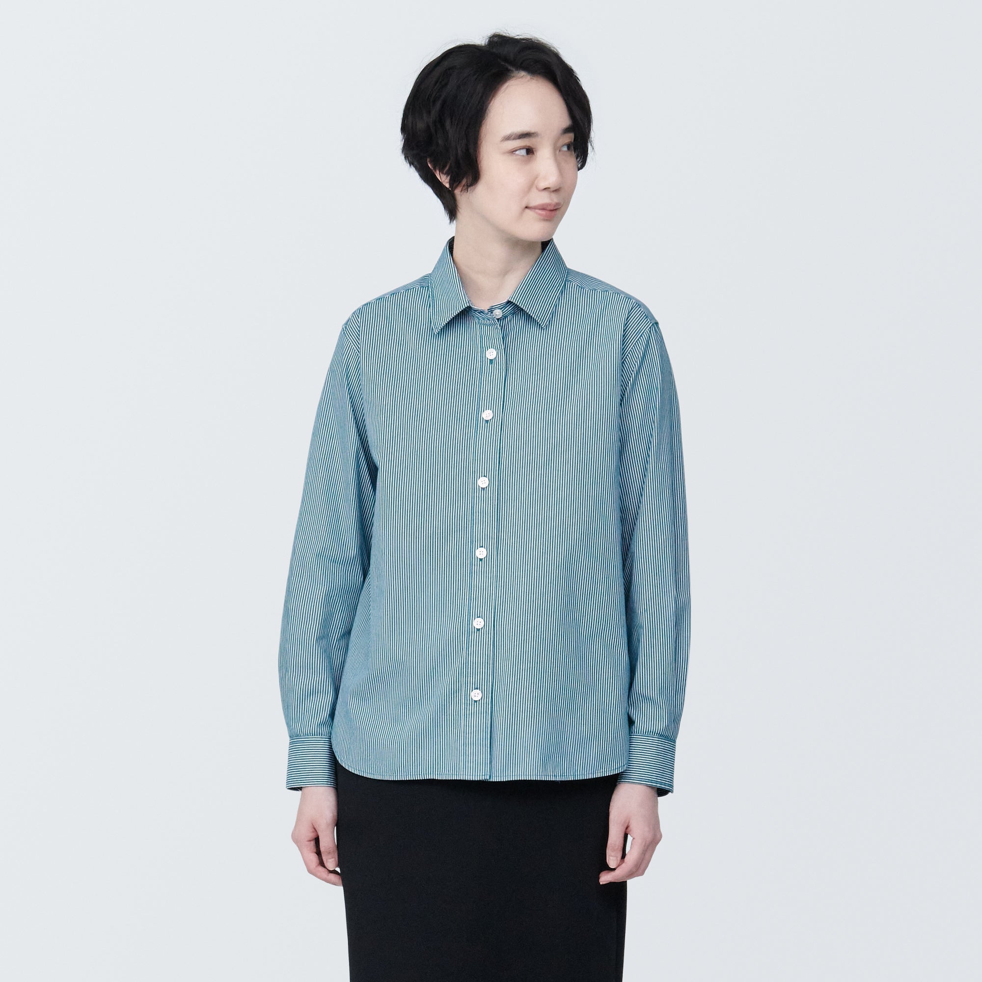 Women's Washed Broad Regular Collar Long Sleeve Striped Shirt