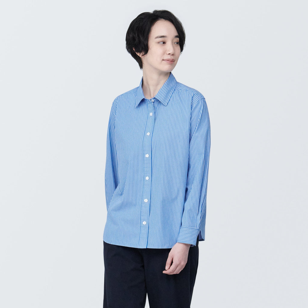 Women's Washed Broad Regular Collar Long Sleeve Striped Shirt