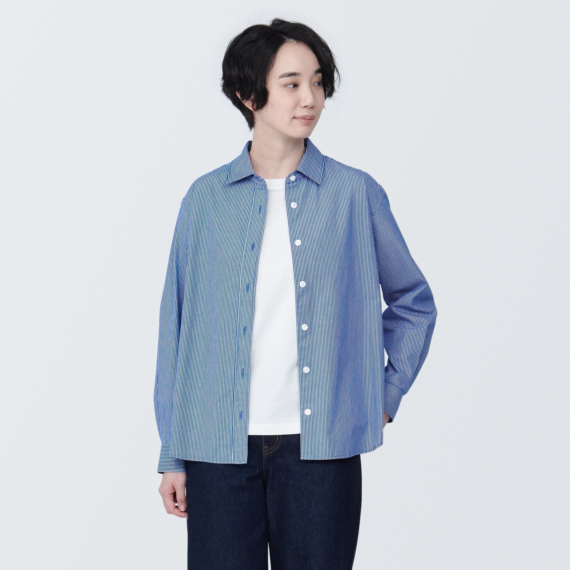 Women's Washed Broad Regular Collar Long Sleeve Striped Shirt