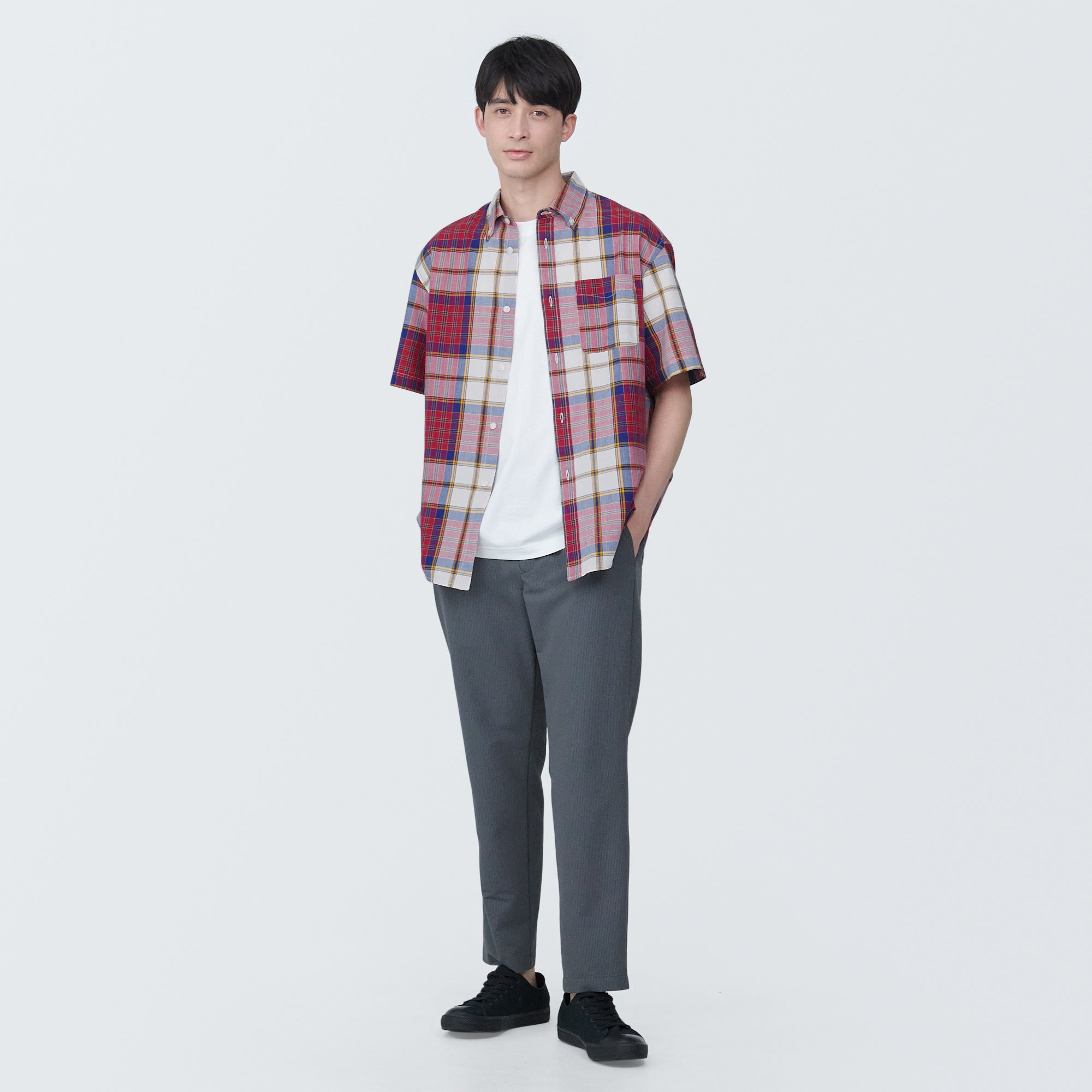Men's Madras Check Button Down Short Sleeve Shirt