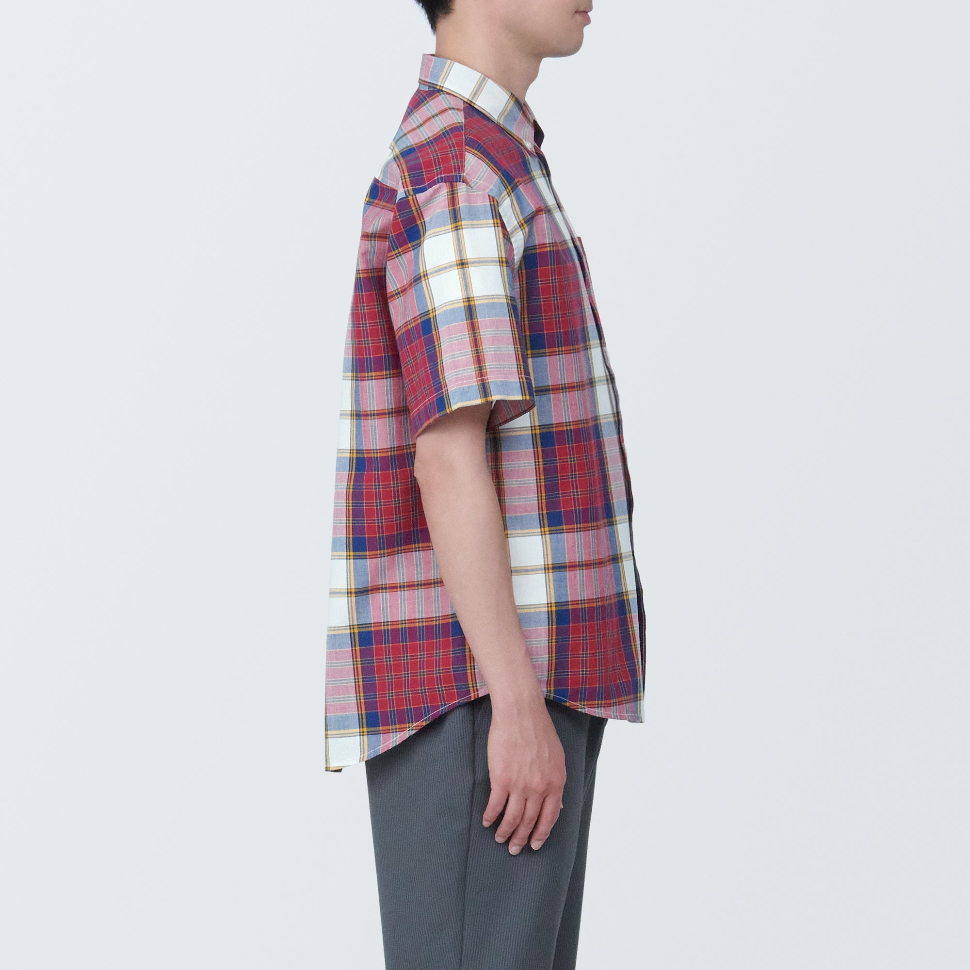 Men's Madras Check Button Down Short Sleeve Shirt