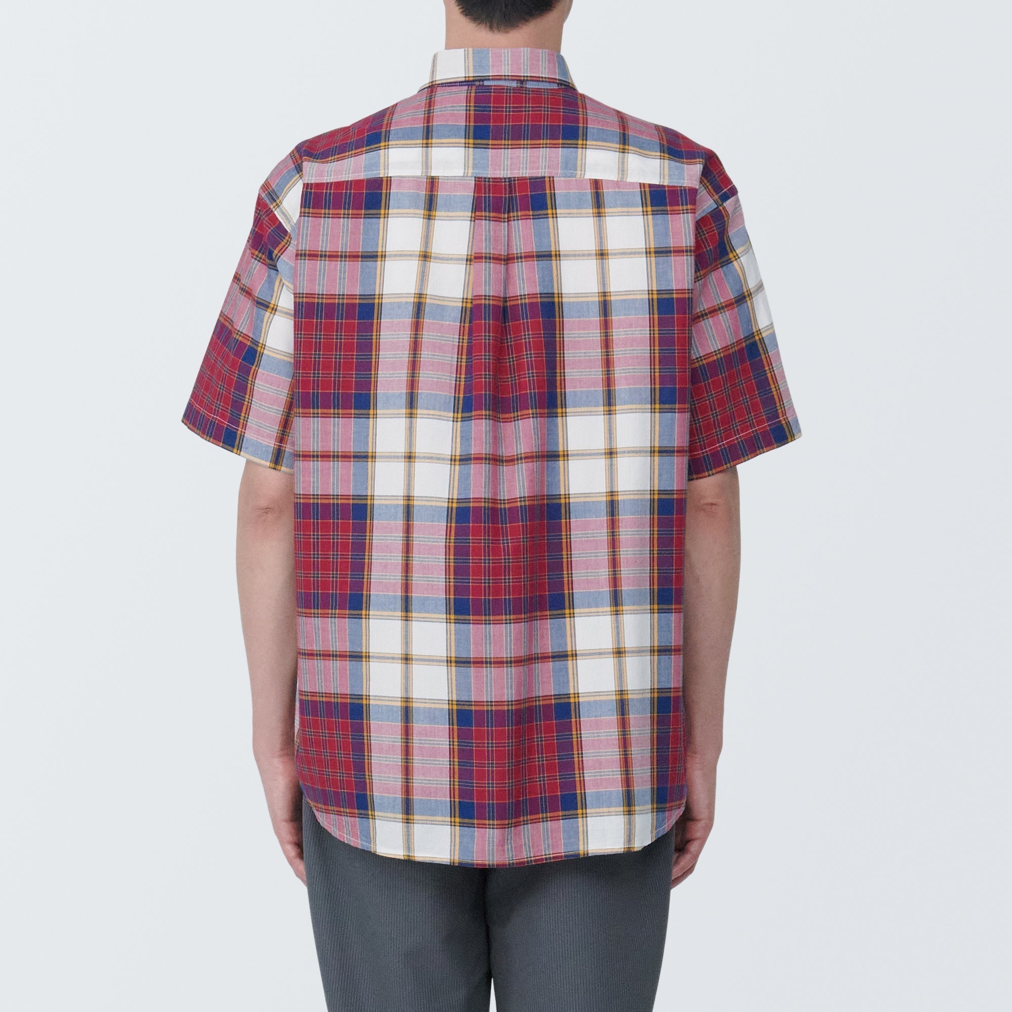 Men's Madras Check Button Down Short Sleeve Shirt