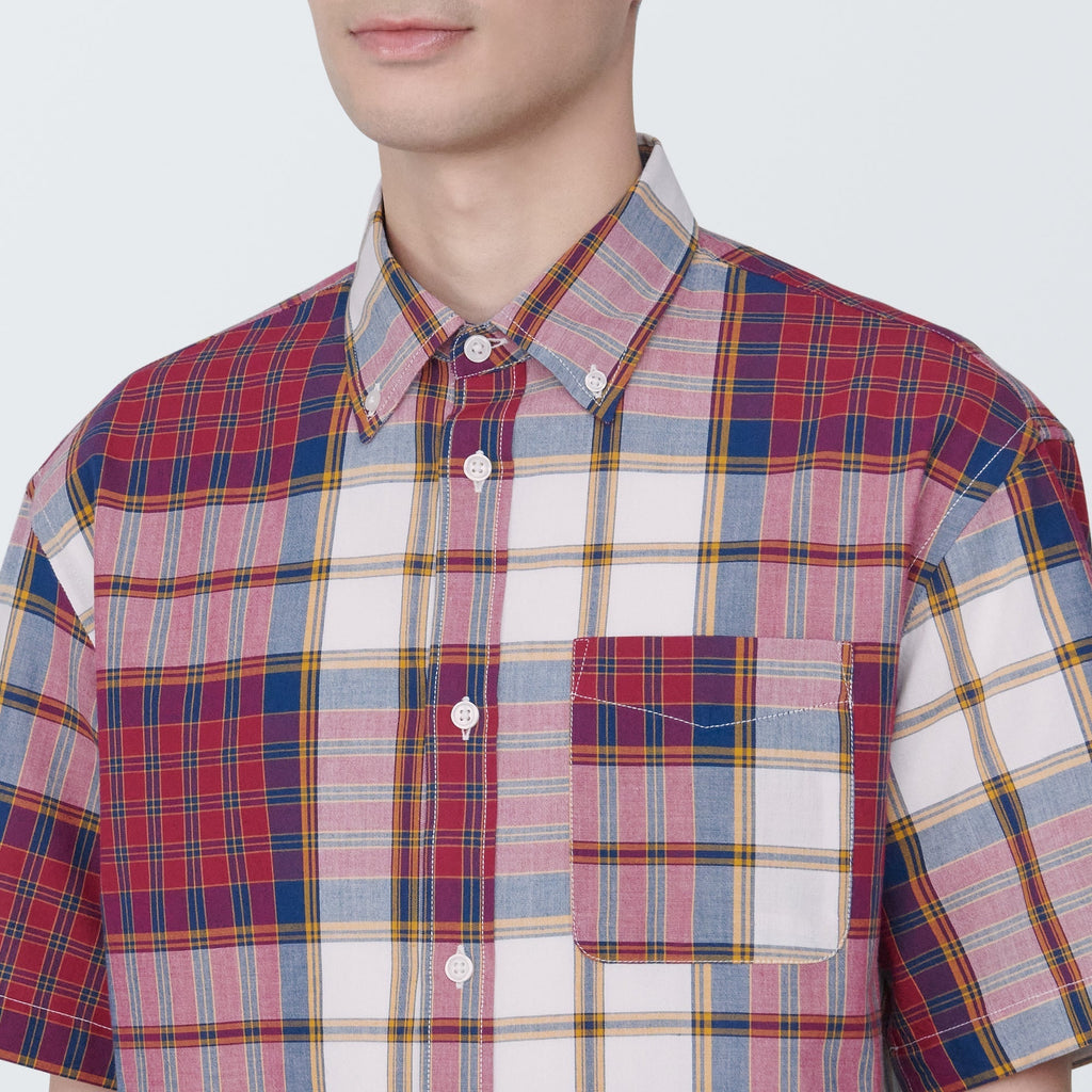 Men's Madras Check Button Down Short Sleeve Shirt