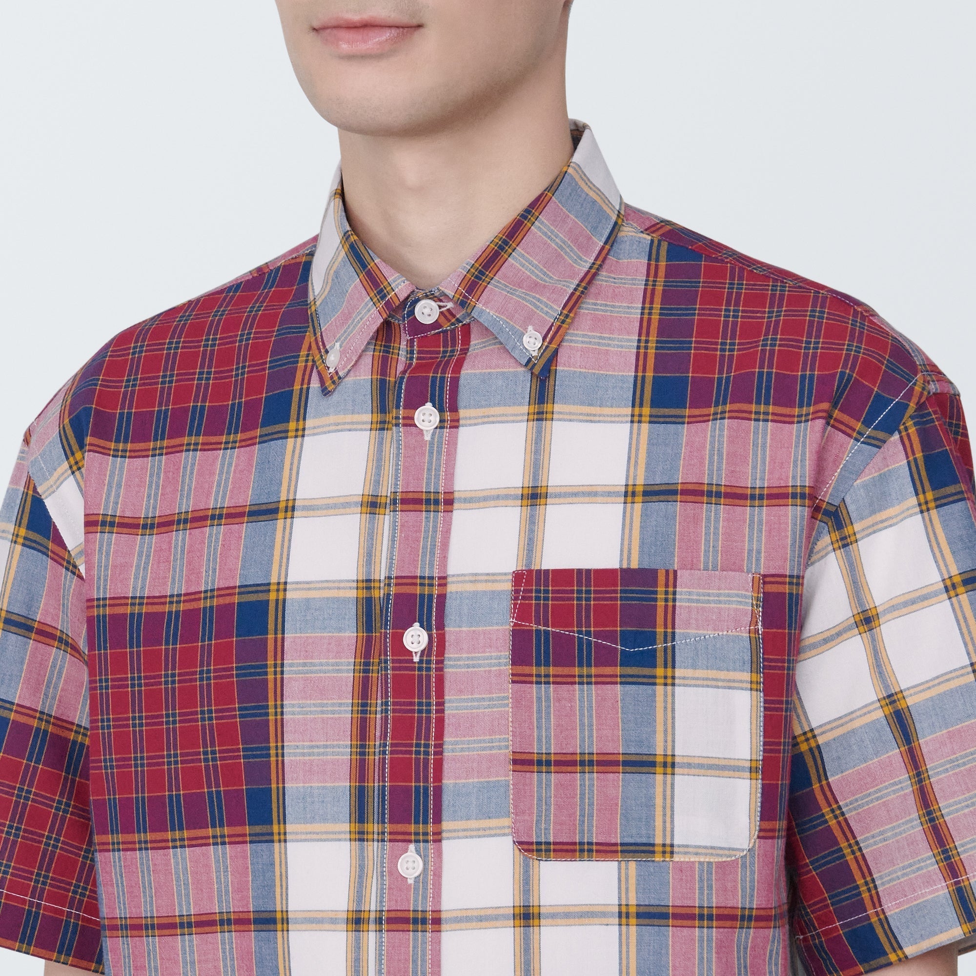 Men's Madras Check Button Down Short Sleeve Shirt