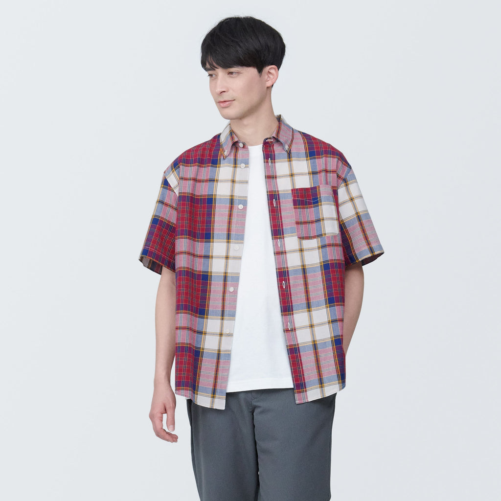 Men's Madras Check Button Down Short Sleeve Shirt