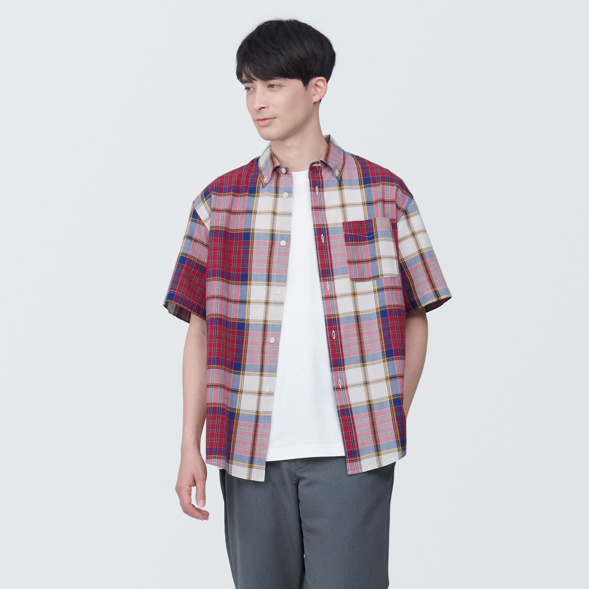 Men's Madras Check Button Down Short Sleeve Shirt