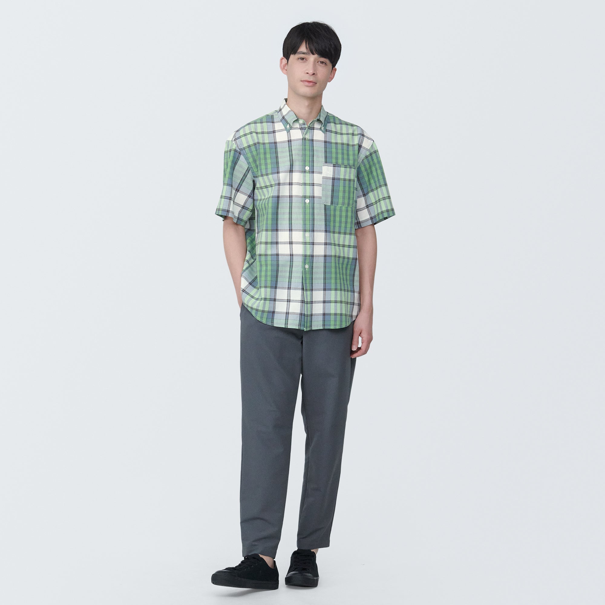 Men's Madras Check Button Down Short Sleeve Shirt