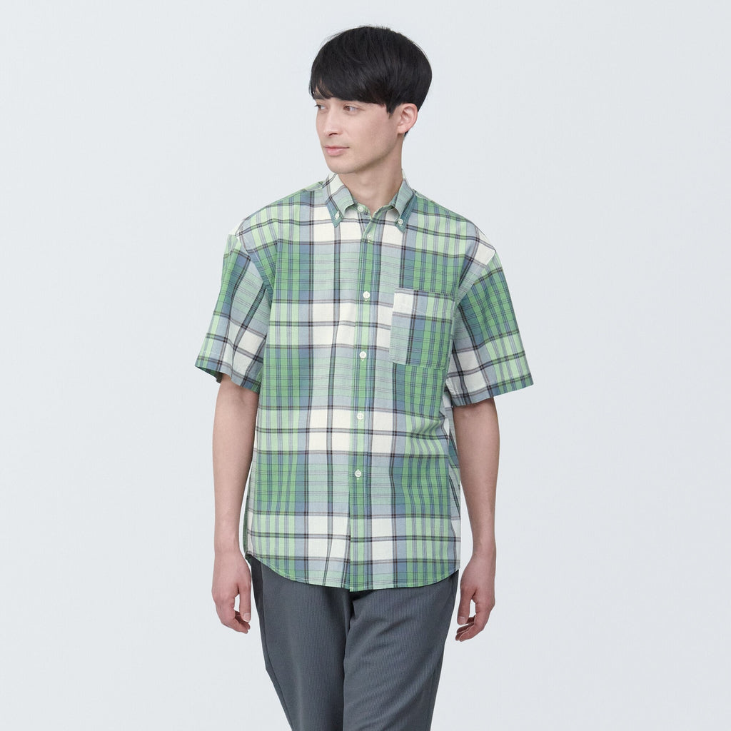 Men's Madras Check Button Down Short Sleeve Shirt