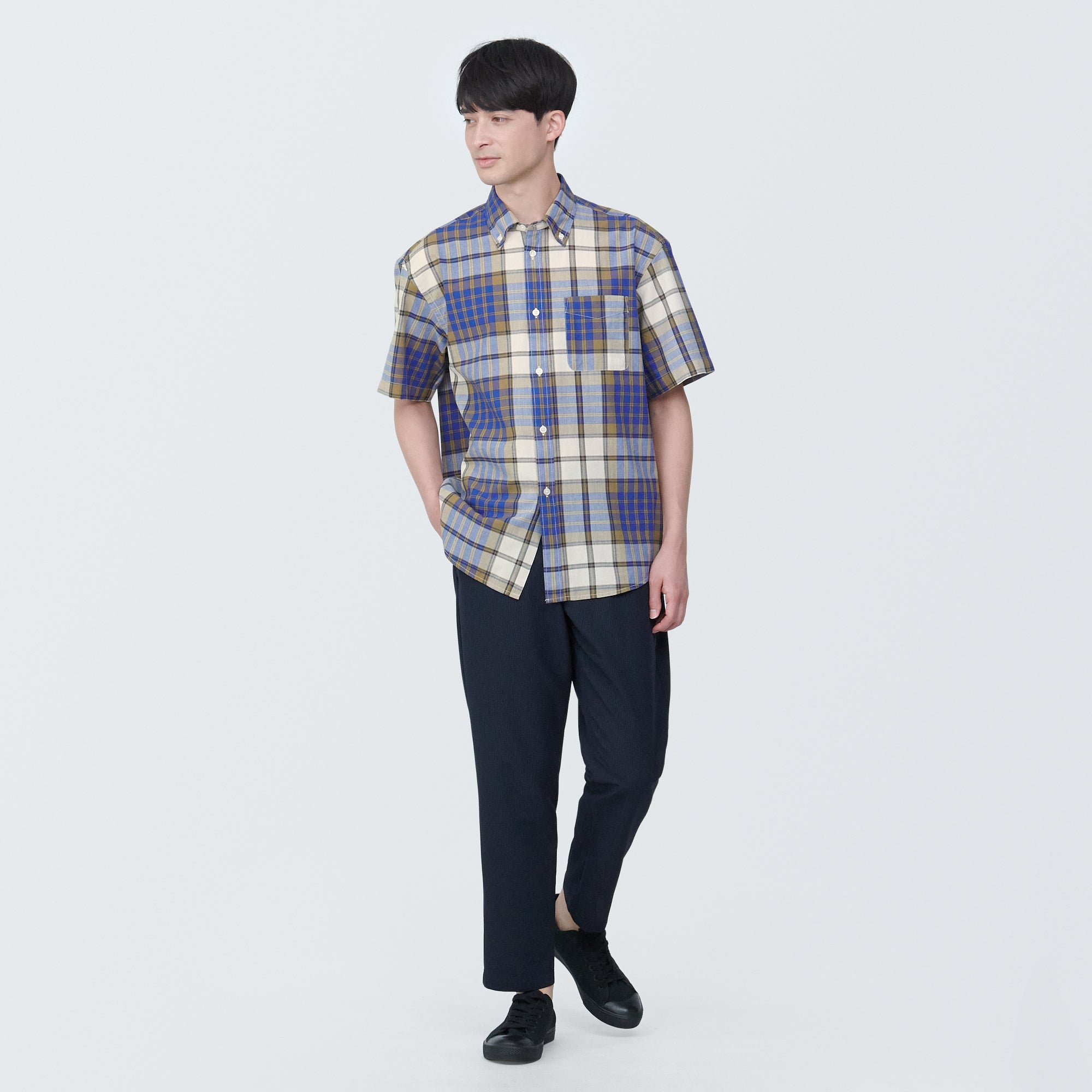 Men's Madras Check Button Down Short Sleeve Shirt