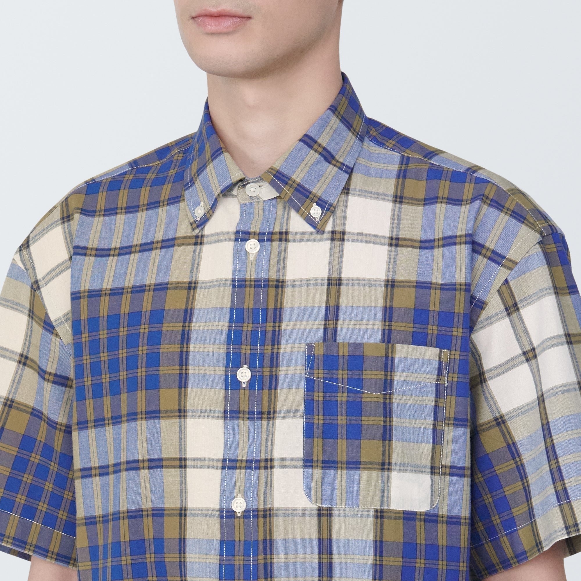 Men's Madras Check Button Down Short Sleeve Shirt
