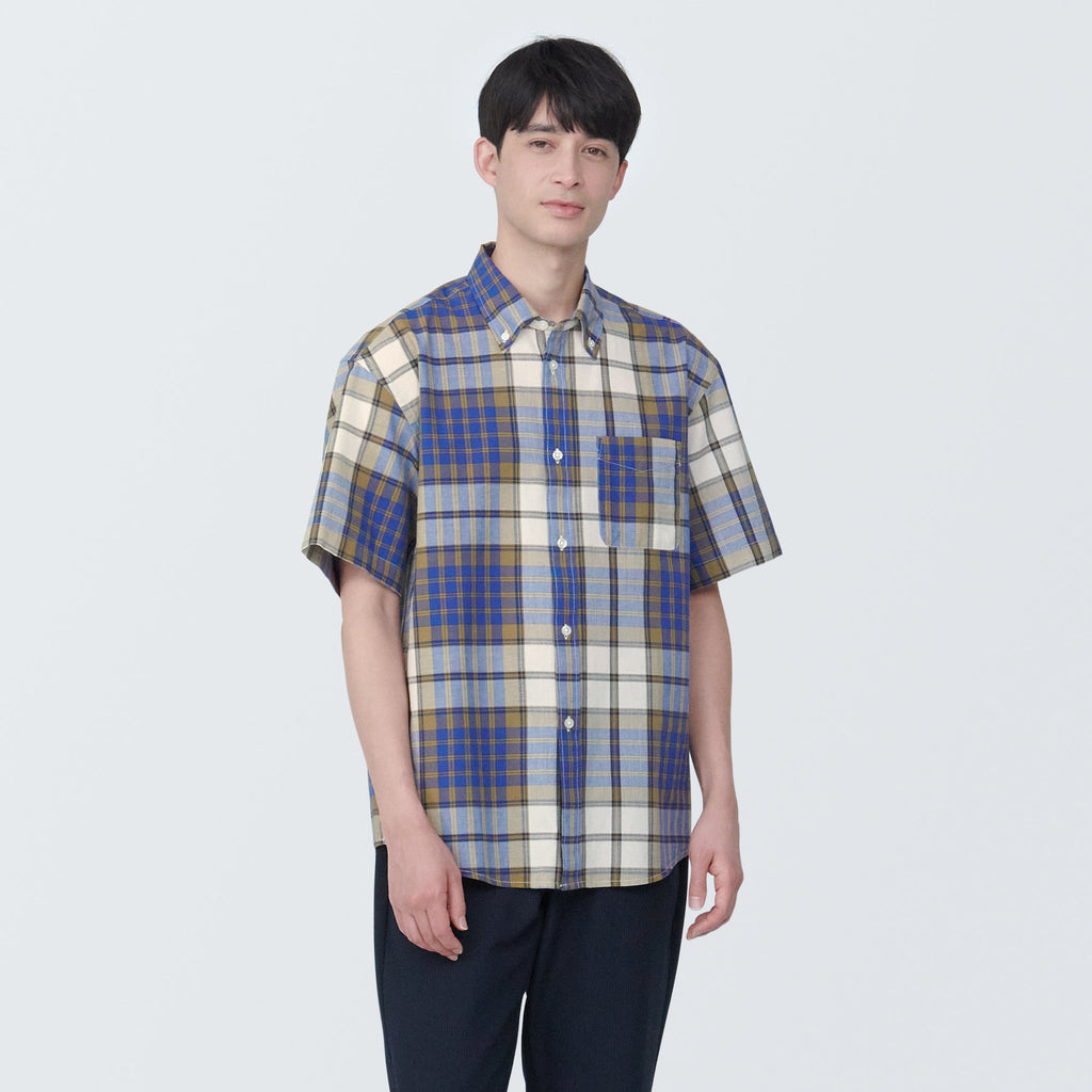 Men's Madras Check Button Down Short Sleeve Shirt