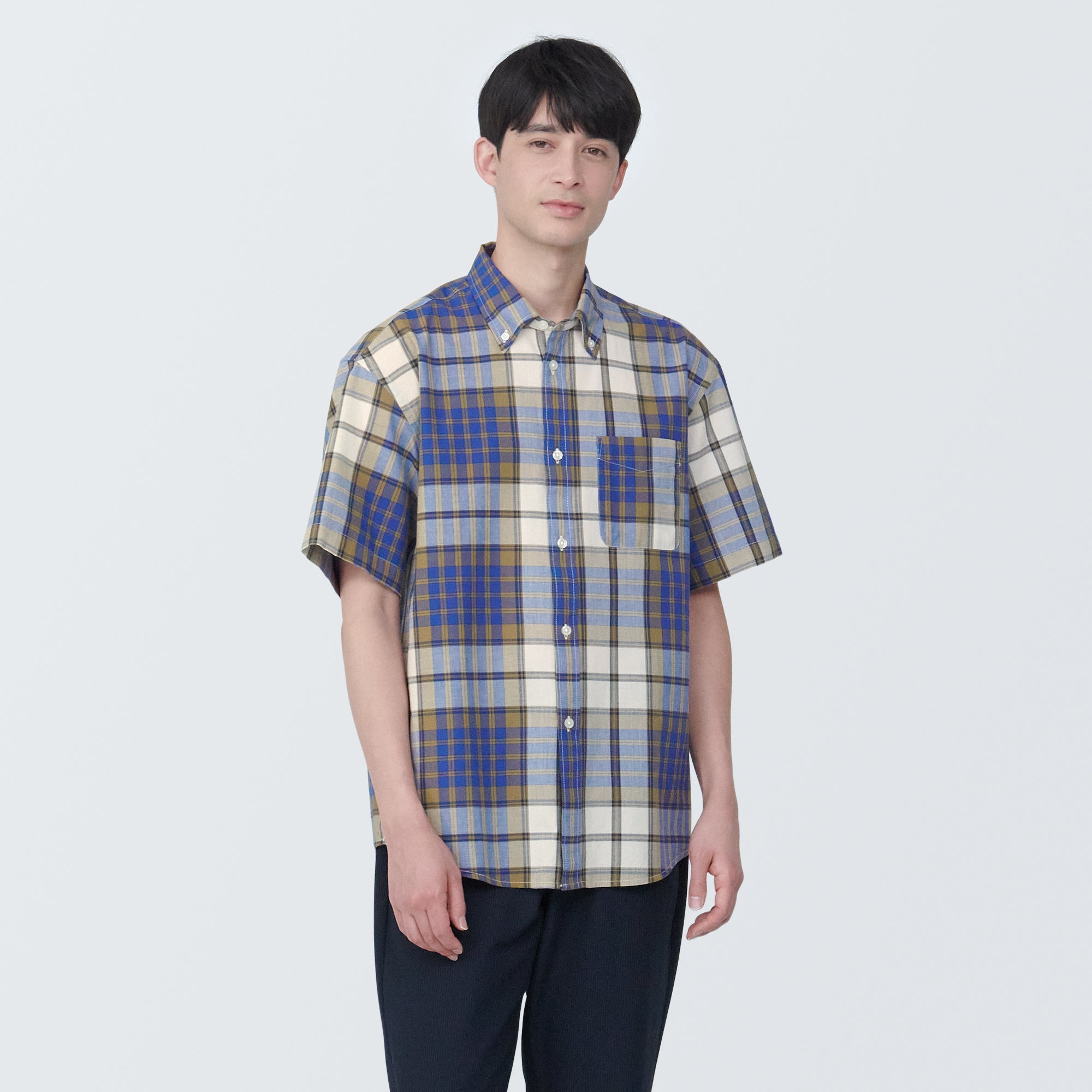 Men's Madras Check Button Down Short Sleeve Shirt