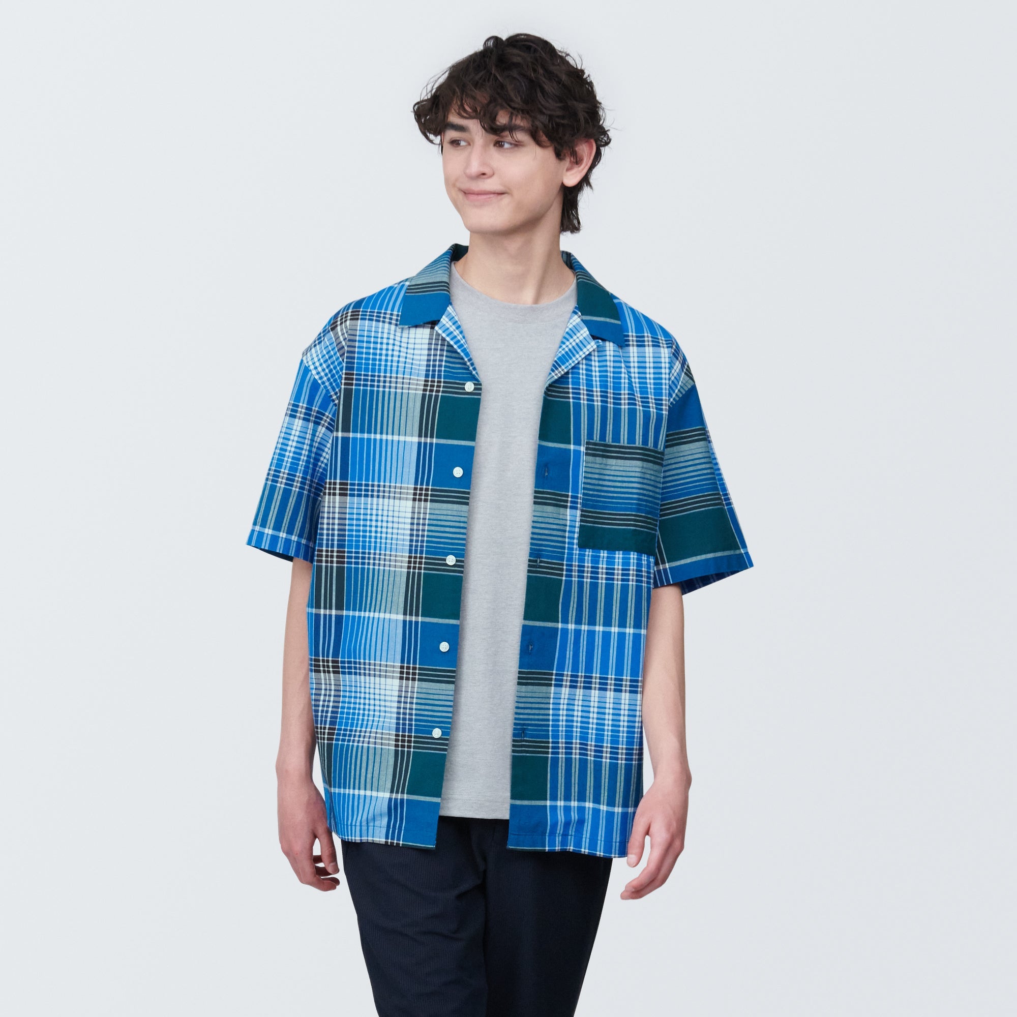 Men's Madras Check Open Collar Short Sleeve Shirt