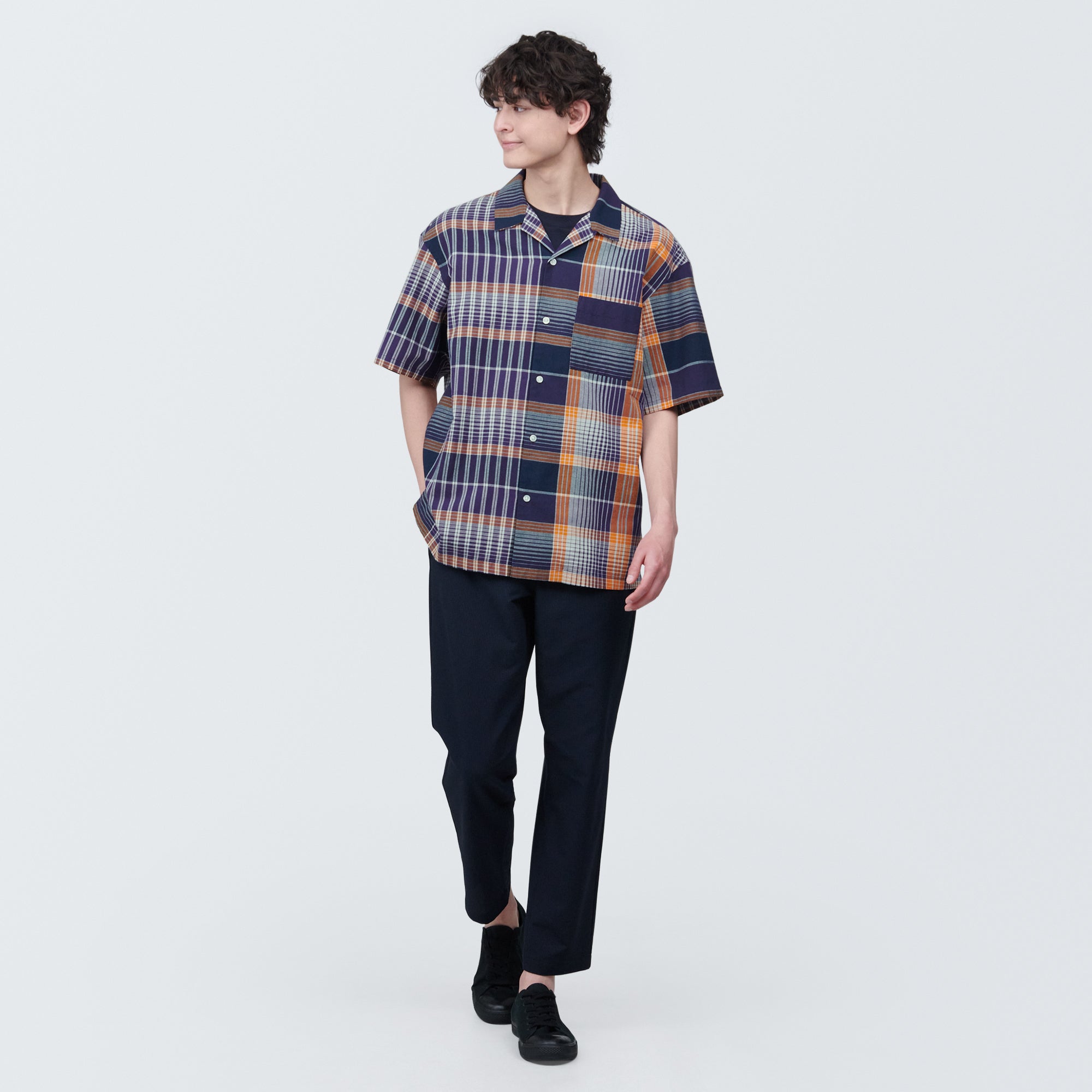 Men's Madras Check Open Collar Short Sleeve Shirt