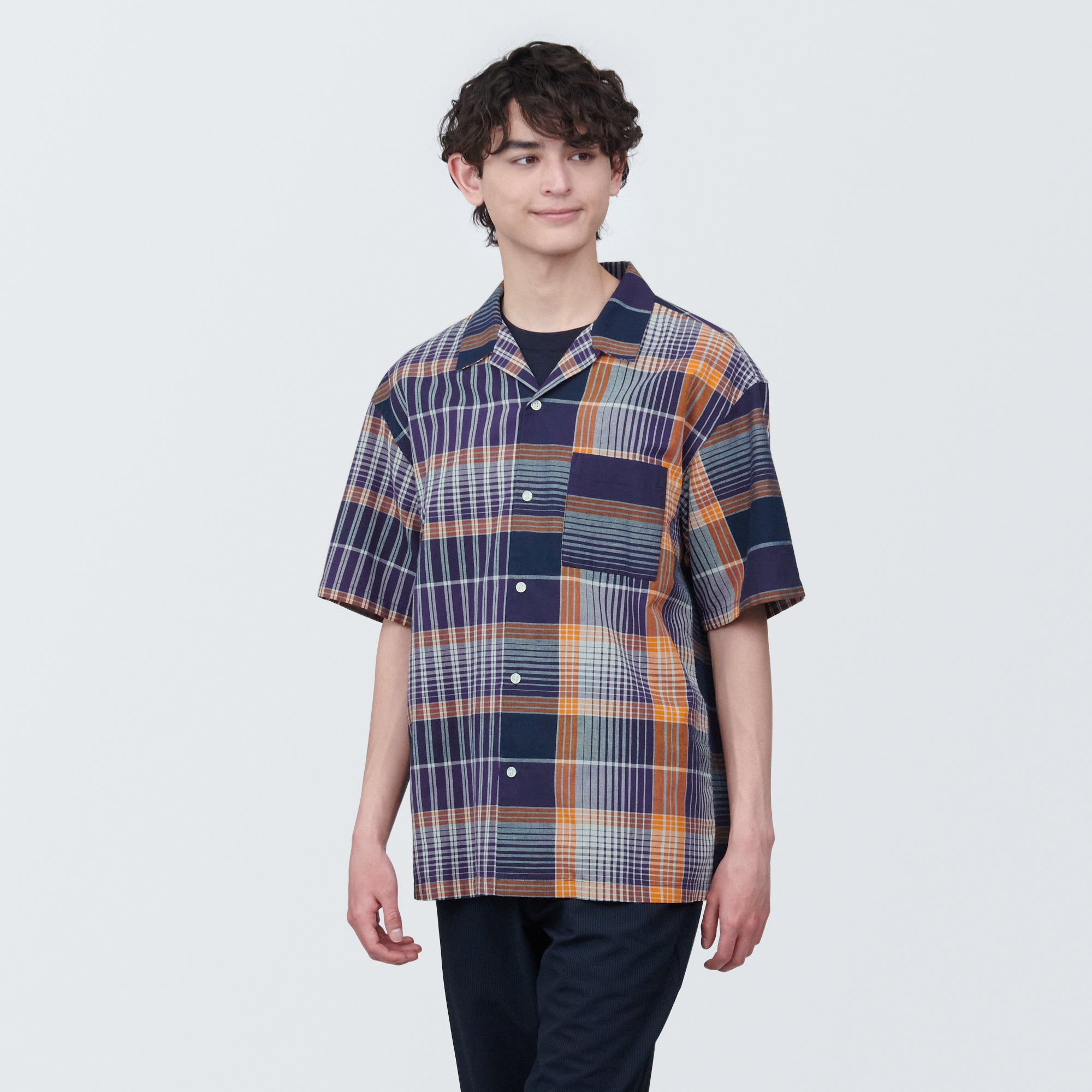 Men's Madras Check Open Collar Short Sleeve Shirt