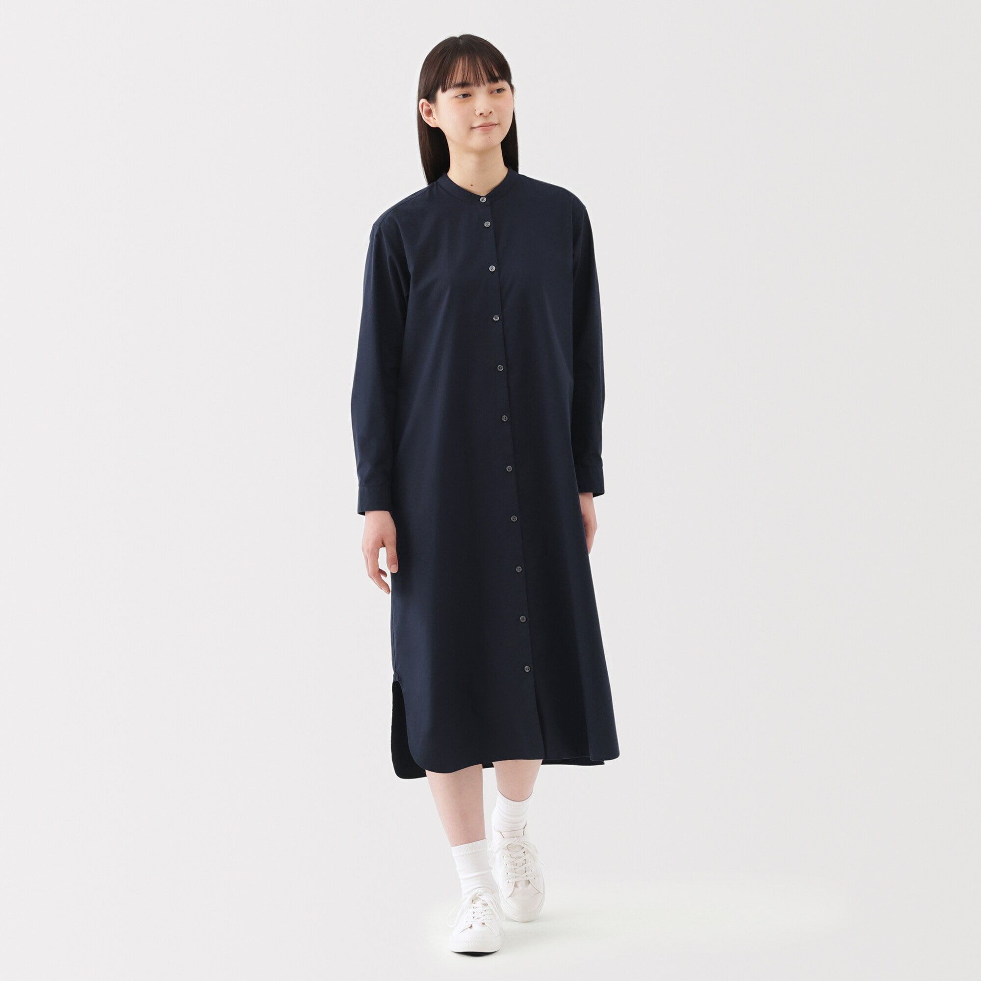 Women's Washed Broadcloth Stand Collar Long-Sleeve Dress