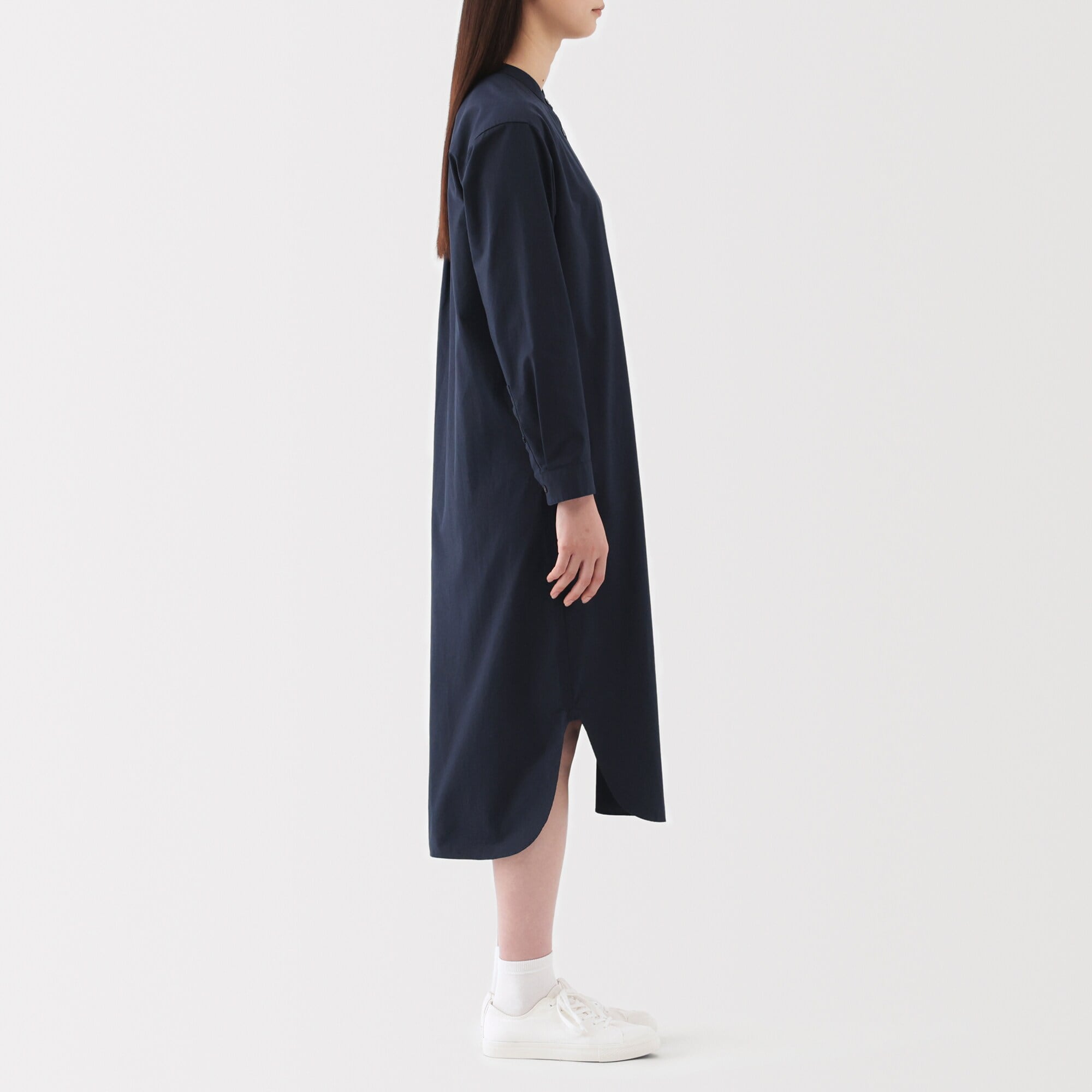 Women's Washed Broadcloth Stand Collar Long-Sleeve Dress