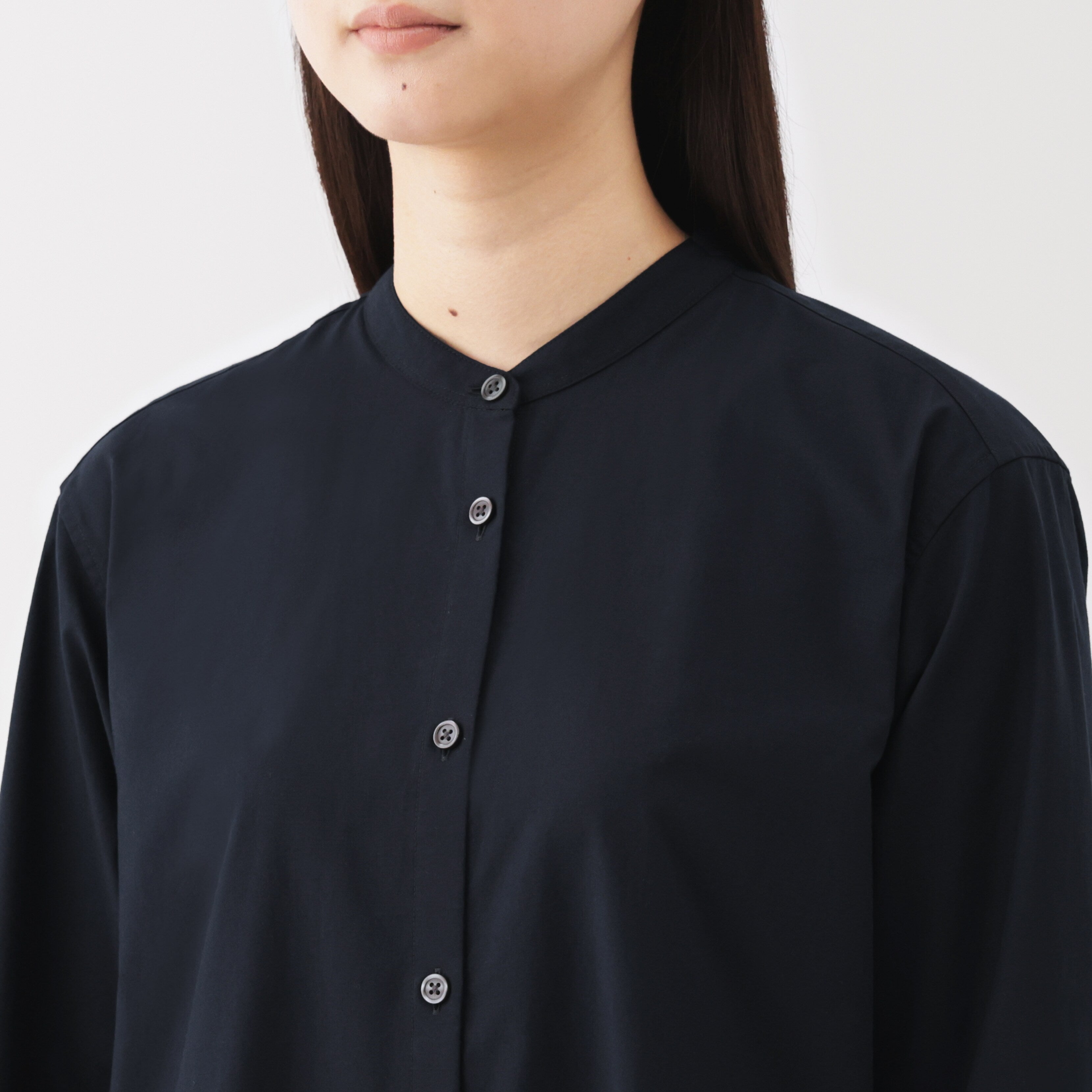 Women's Washed Broadcloth Stand Collar Long-Sleeve Dress