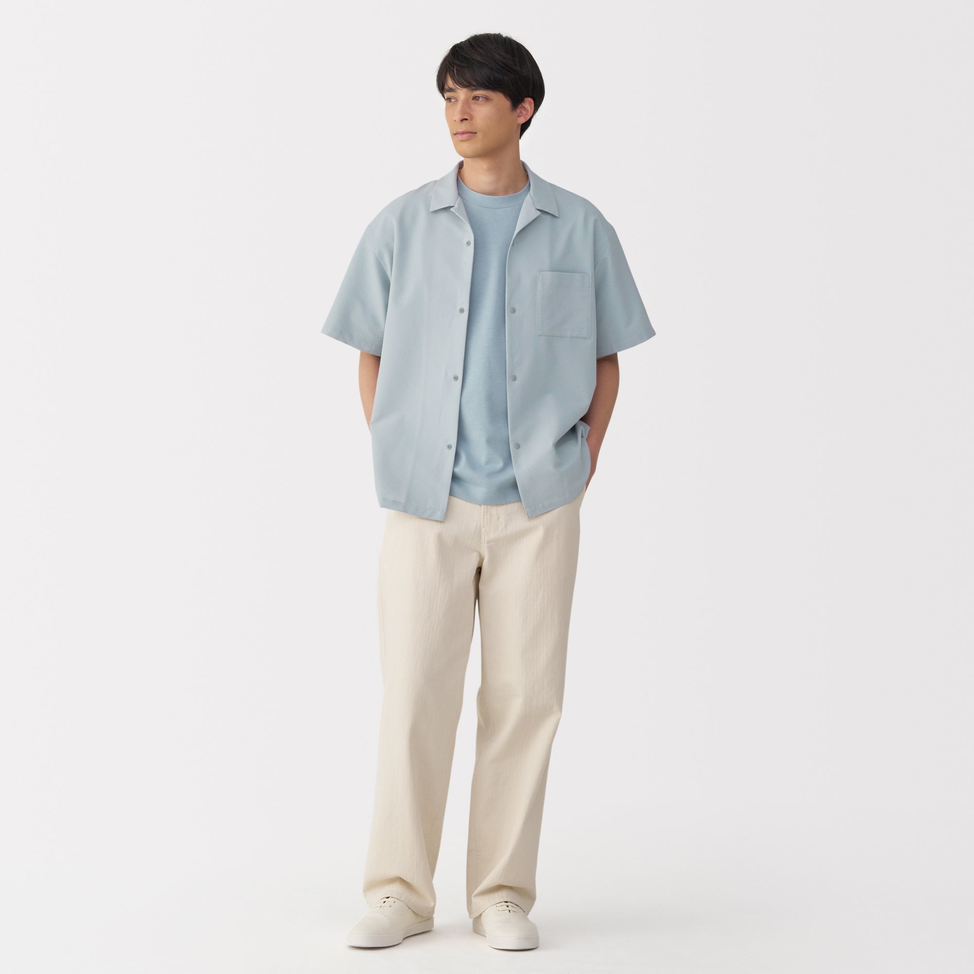 Men's Breathable Seersucker Open Collar Shirt